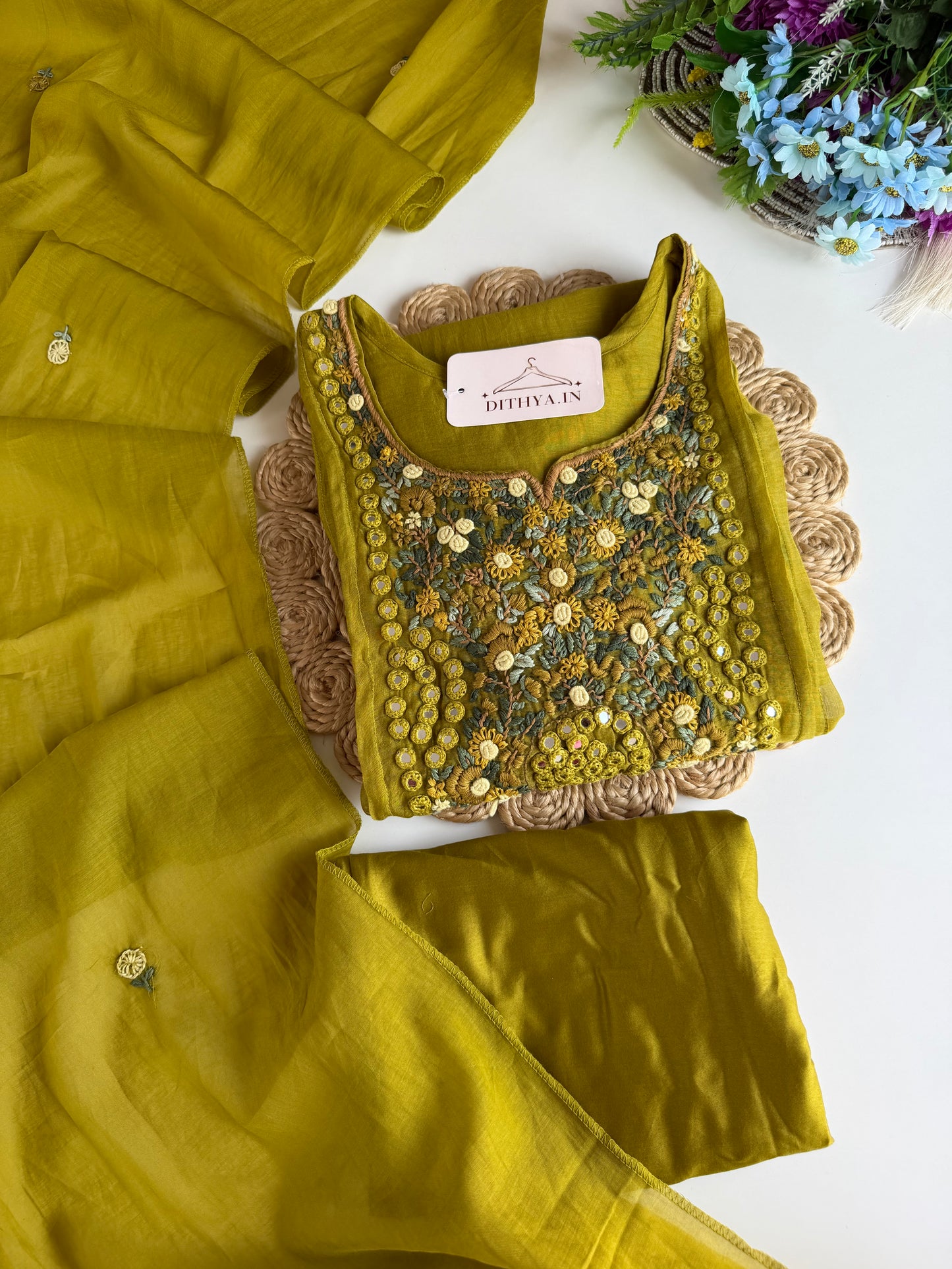 K604 - Mul chanderi embroidered Aline Kurti with pants and dupatta
