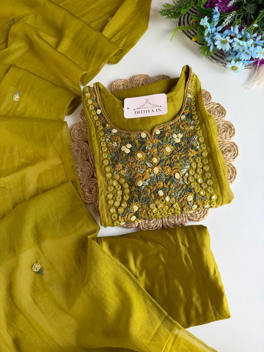 K604 - Mul chanderi embroidered Aline Kurti with pants and dupatta