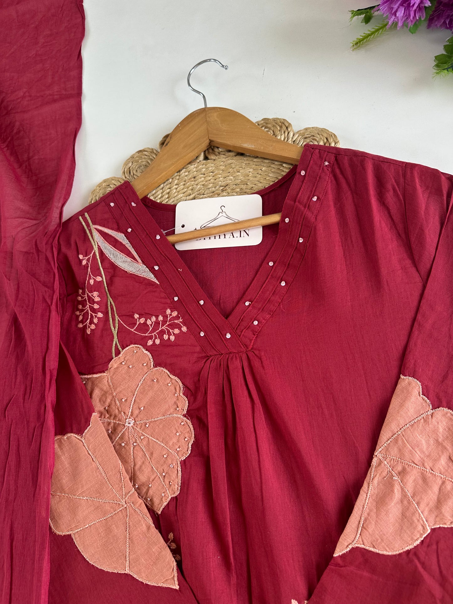 K243 - Mul cotton appliqué Aline Kurti with pants and dupatta