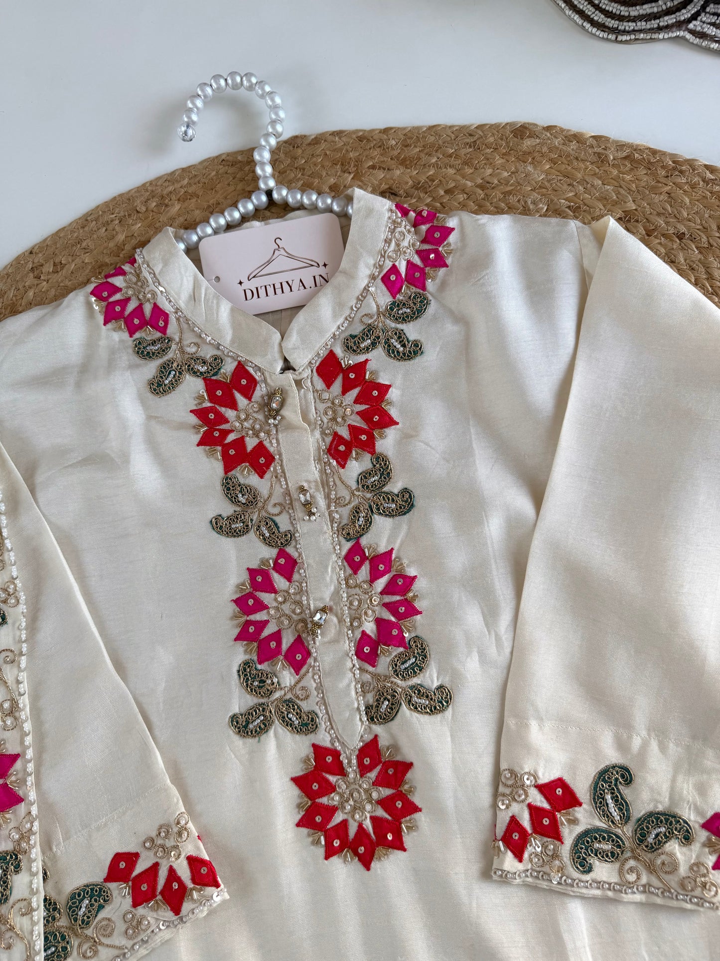K187 - Russian silk handwork straight Kurti with pants and dupatta
