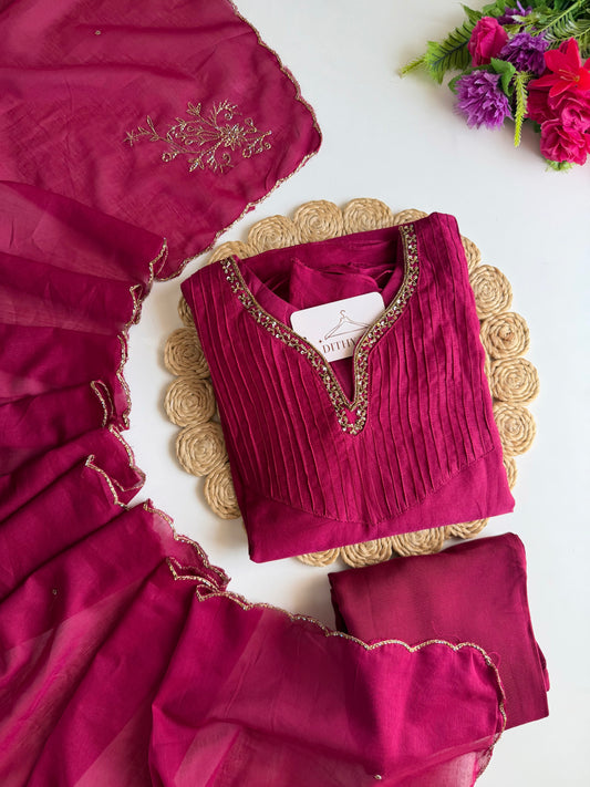 K295 - Mul chanderi handwork Aline Kurti with pants and dupatta