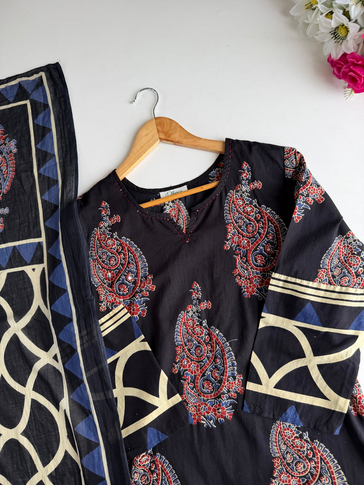 K647 - Mul cotton embroidered straight Kurti with pants and dupatta