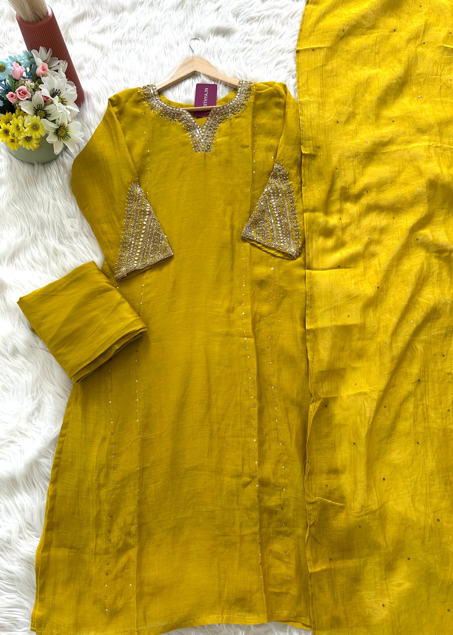 K080 - Mul Chanderi handwork straight kurti with pants and dupatta in 2 colours