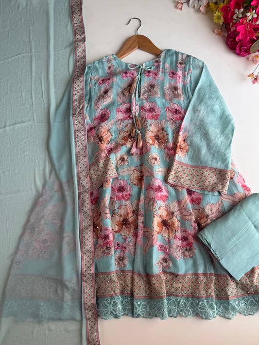 K719 - Floral Pure muslin embroidered farshi salwar with pants and dupatta