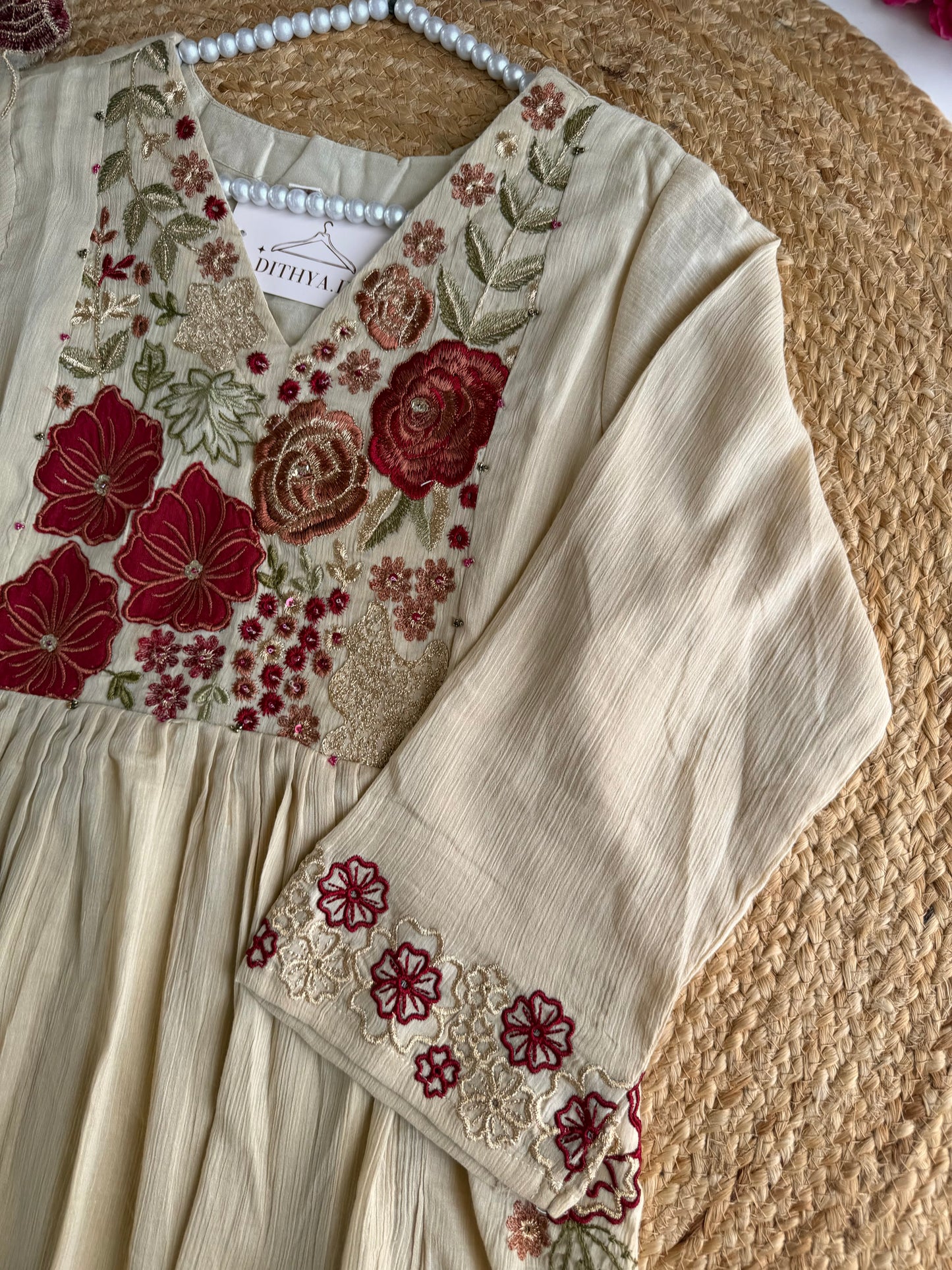 K445 - Crushed cotton embroidered Anarkali with pants and dupatta