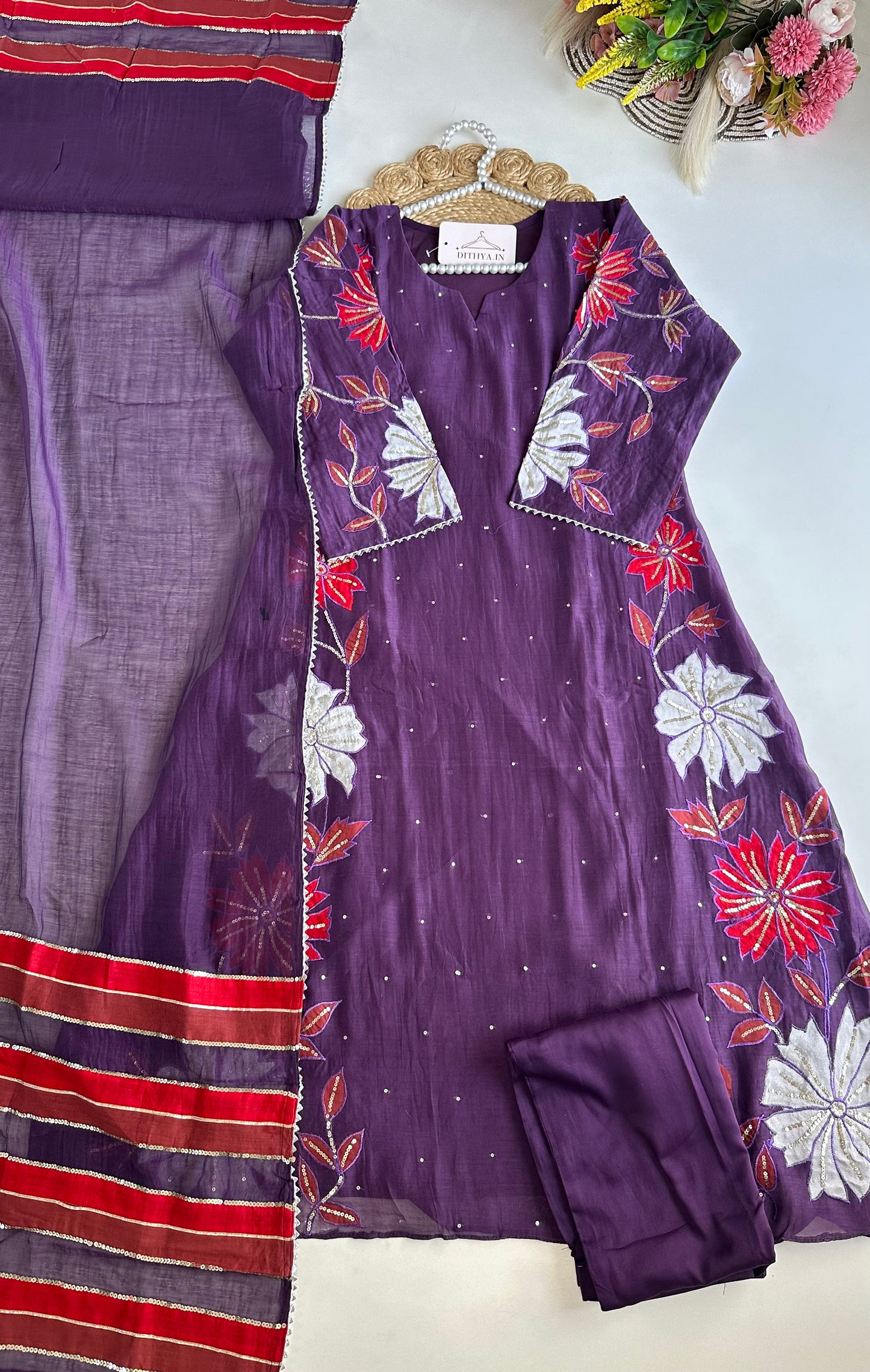 K484 - Mul Chanderi handwork Aline Kurti with pants and dupatta