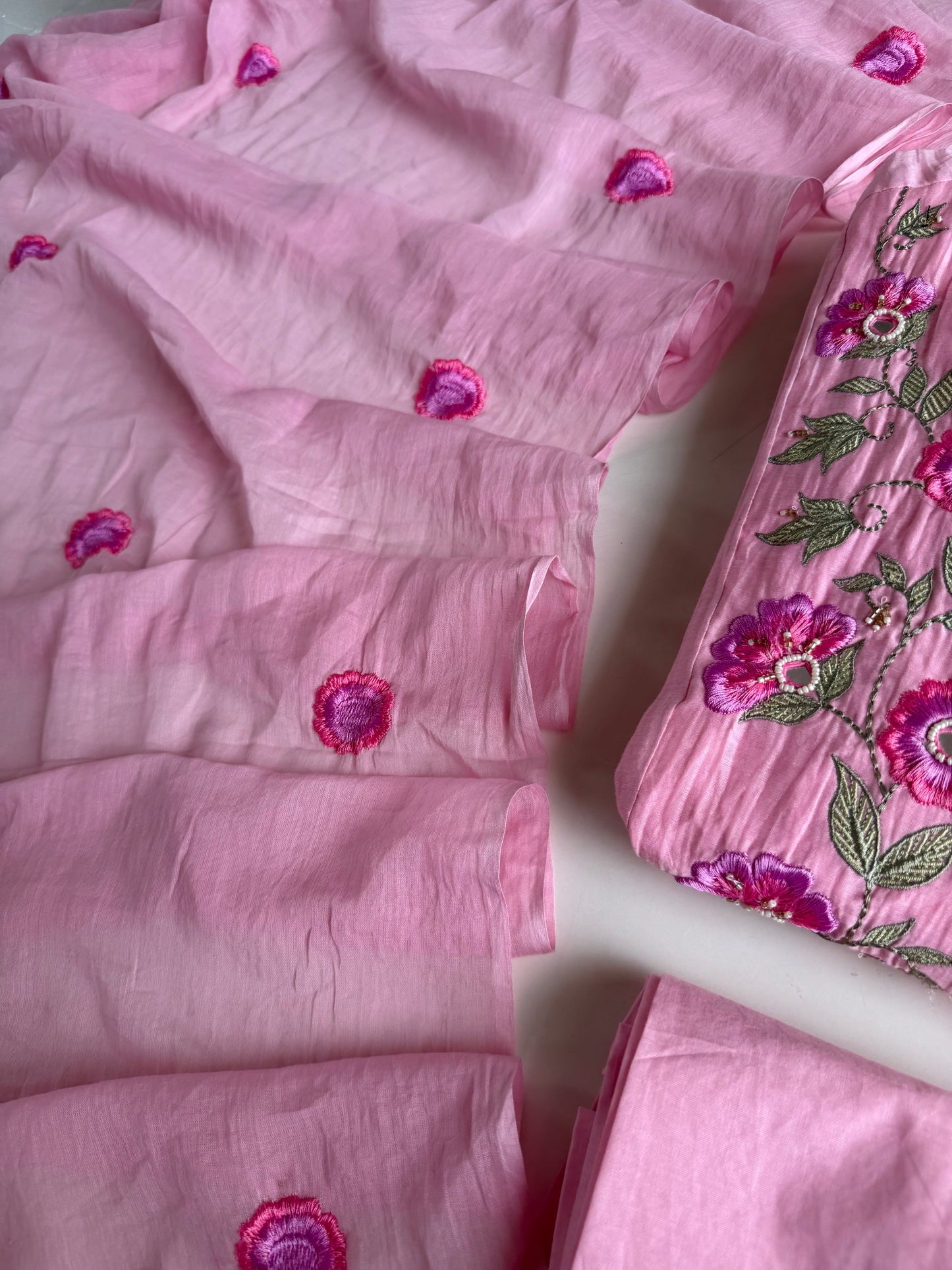 K237 - Mulmul cotton embroidered Anarkali with pants and dupatta in 2 colours