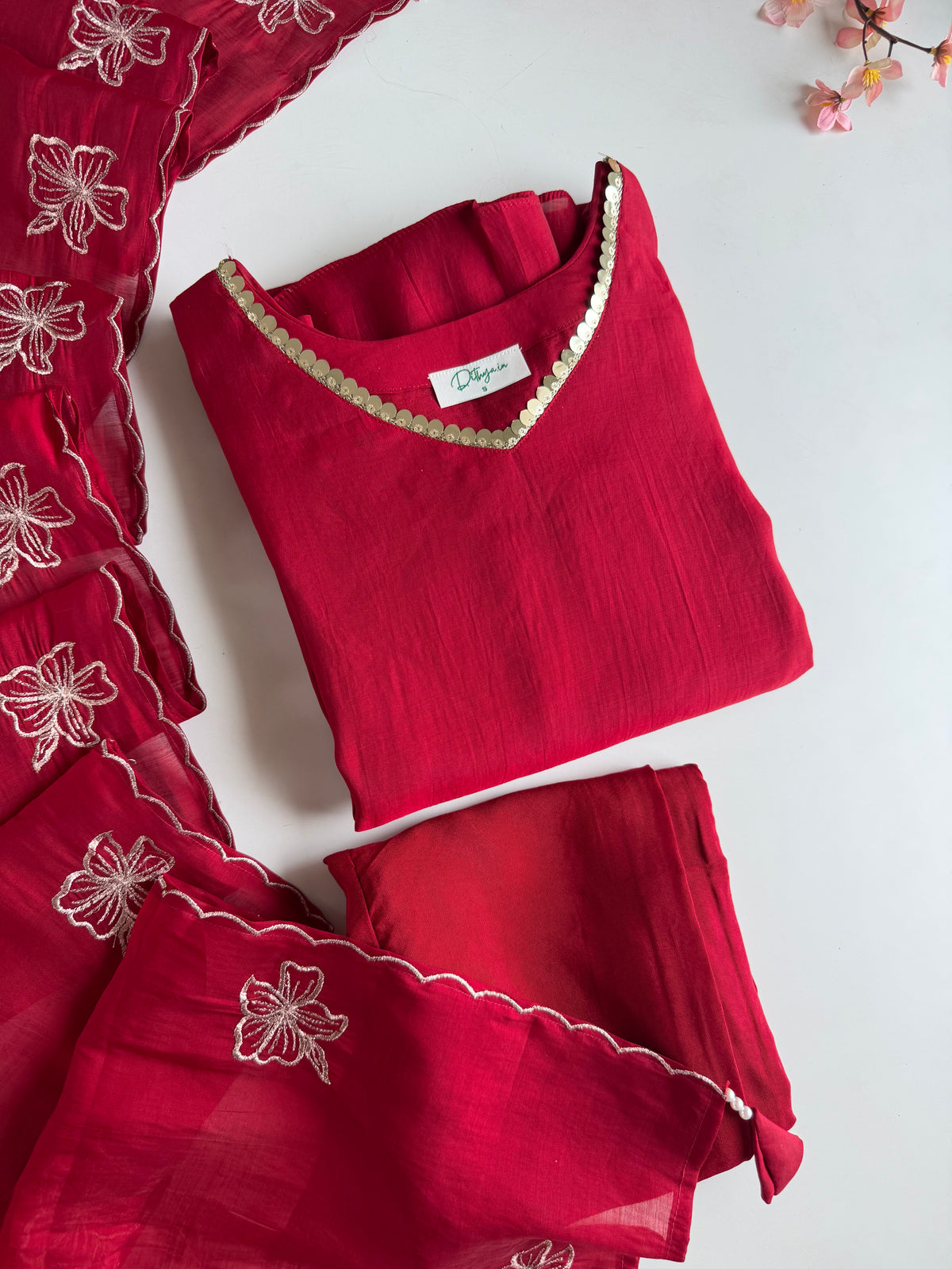 K114 - Surat Mul chanderi embroidered Aline Kurti with pants and dupatta