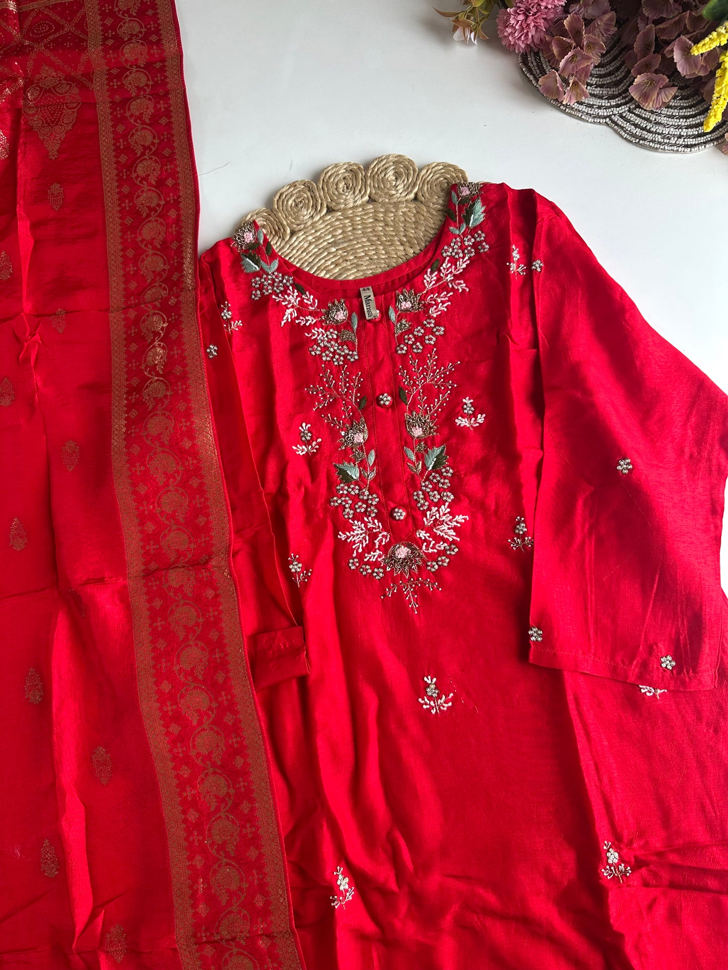 D432 - Russian silk straight kurti with pants and dupatta