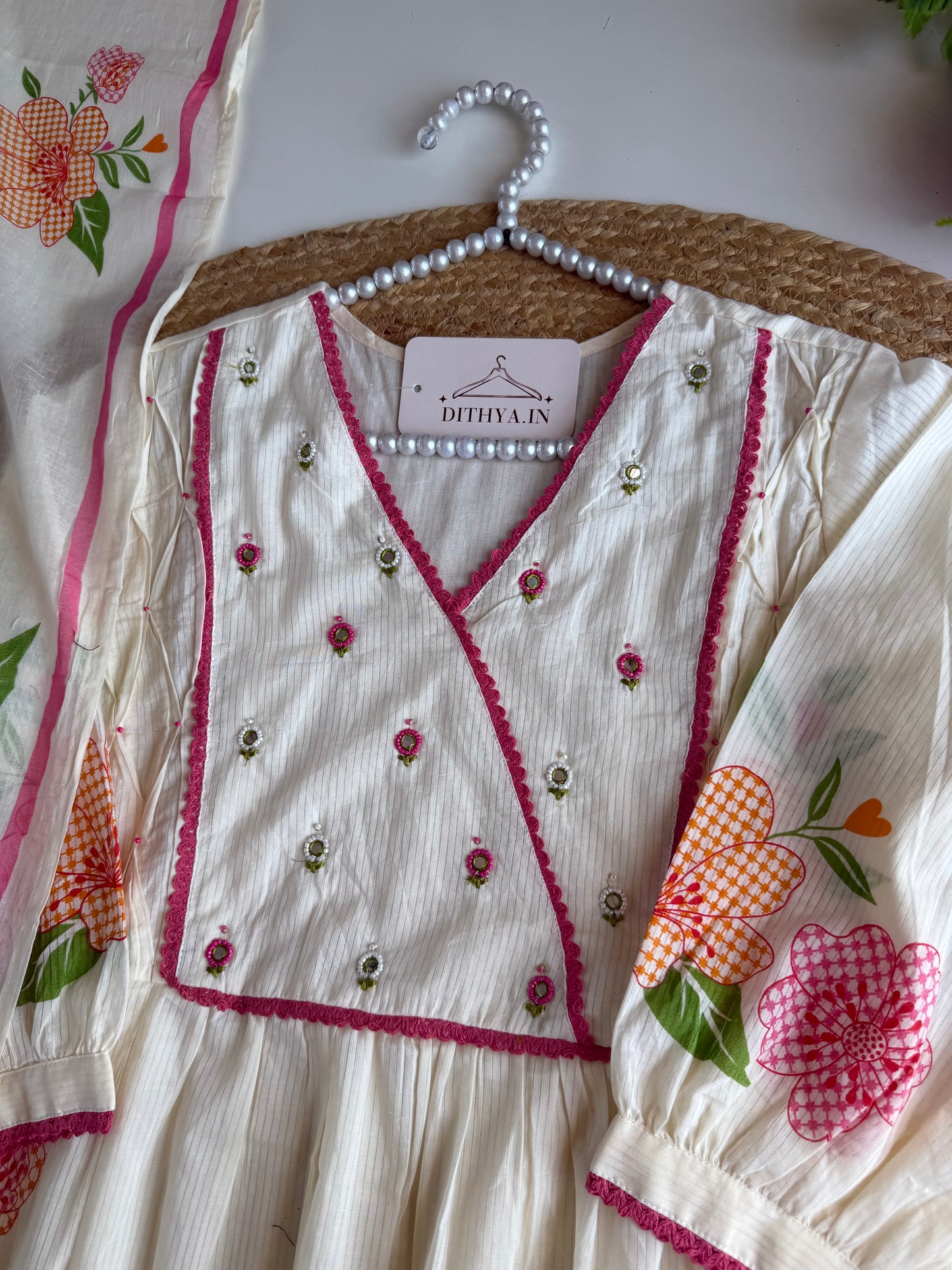 K574 - Mul cotton embroidered Anarkali with pants and dupatta