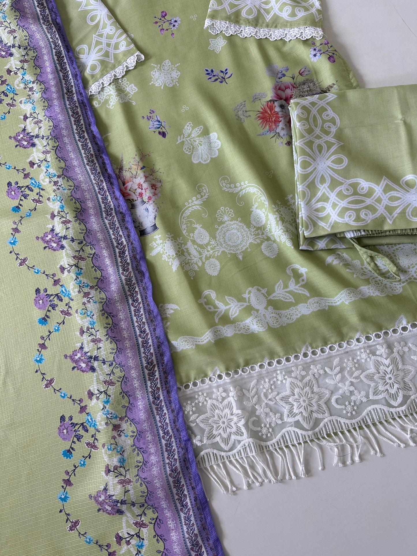 K023 - Mul cotton embroidered straight kurti with pants and dupatta