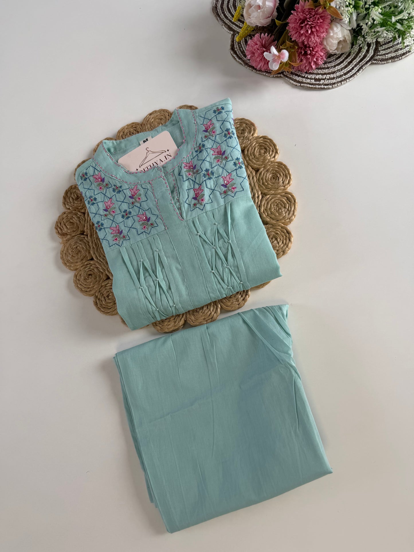 K621 - Mul cotton embroidered Aline Kurti with pants