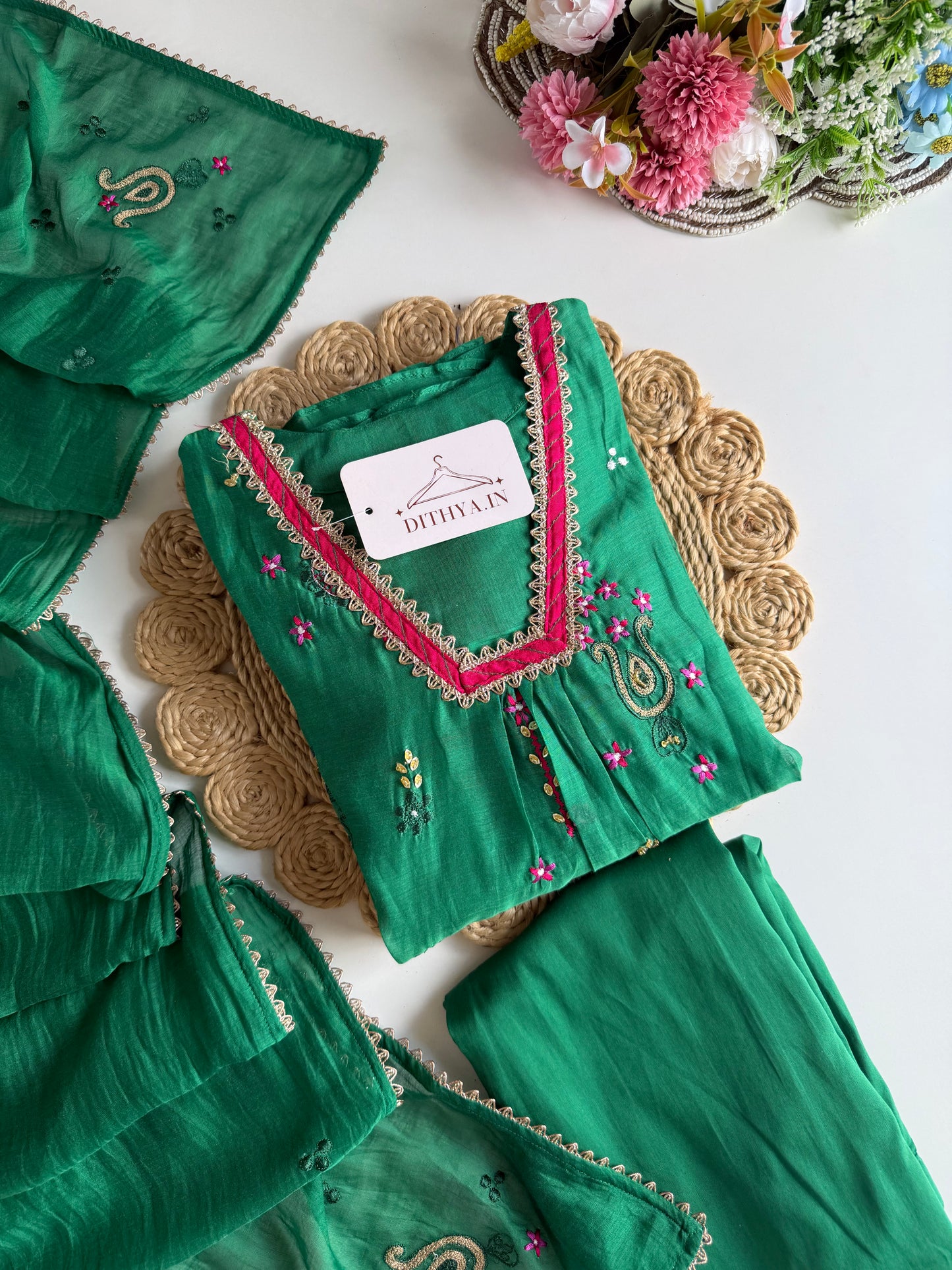 K618 - Mul chanderi handwork aline Kurti with pants and dupatta