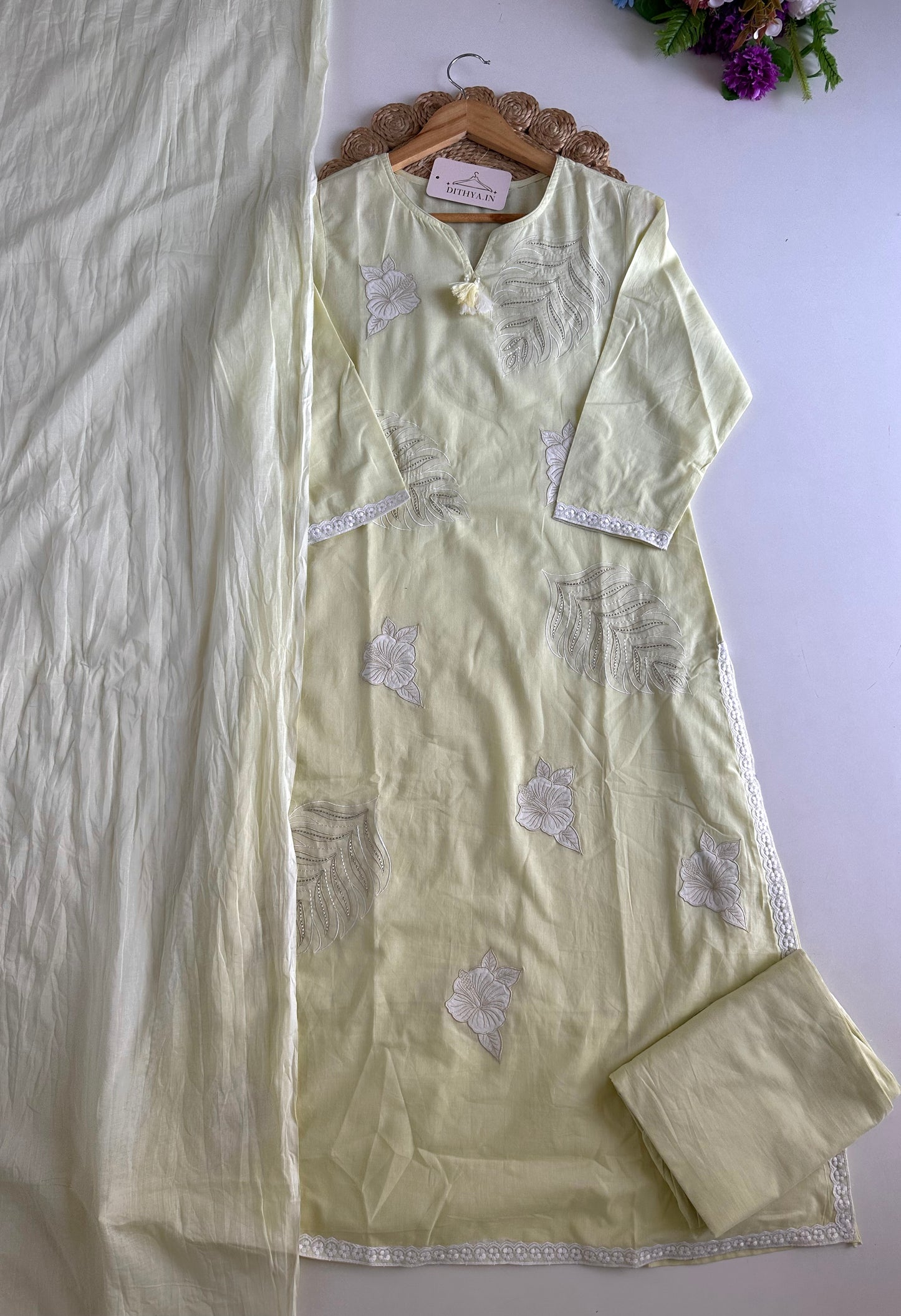 K159 - Mul cotton embroidered straight Kurti with pants and dupatta