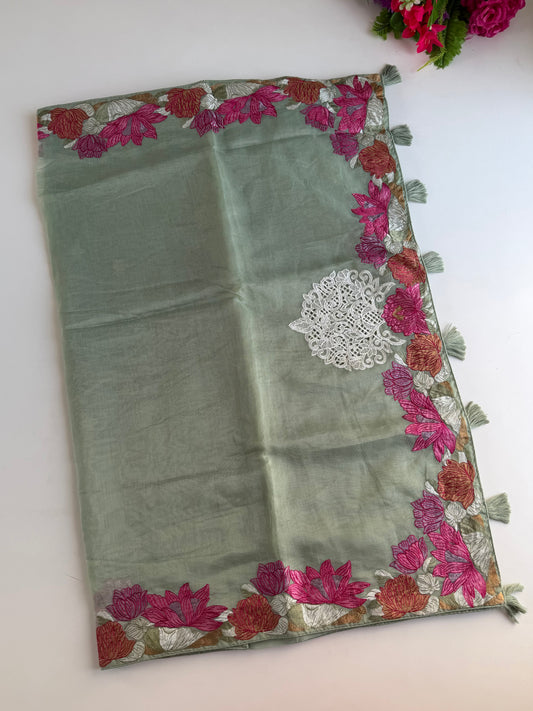S020 - Soft organza appliqué embroidered saree in 3 colours