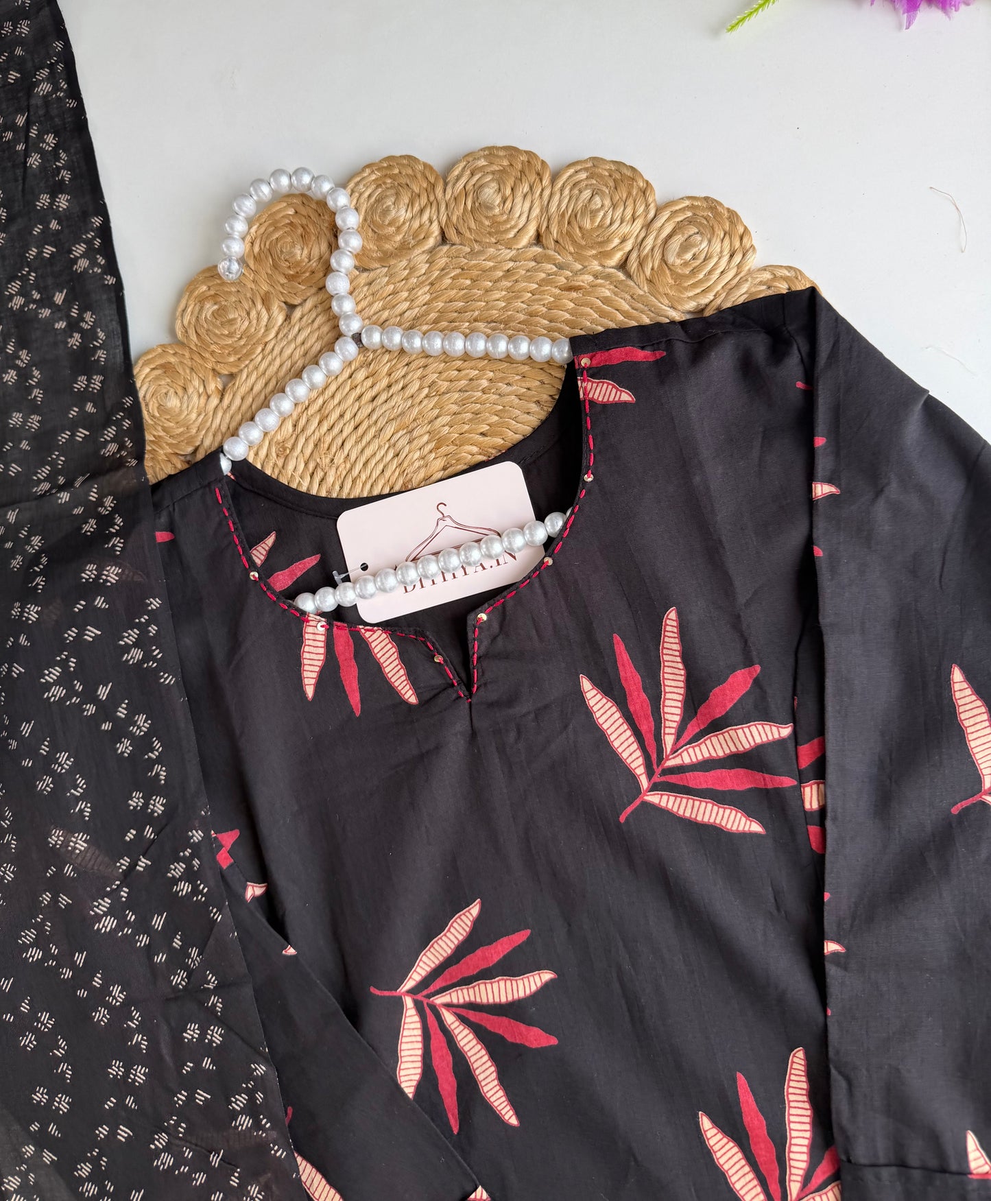 K348 - Mul cotton embroidered Aline Kurti with pants and dupatta