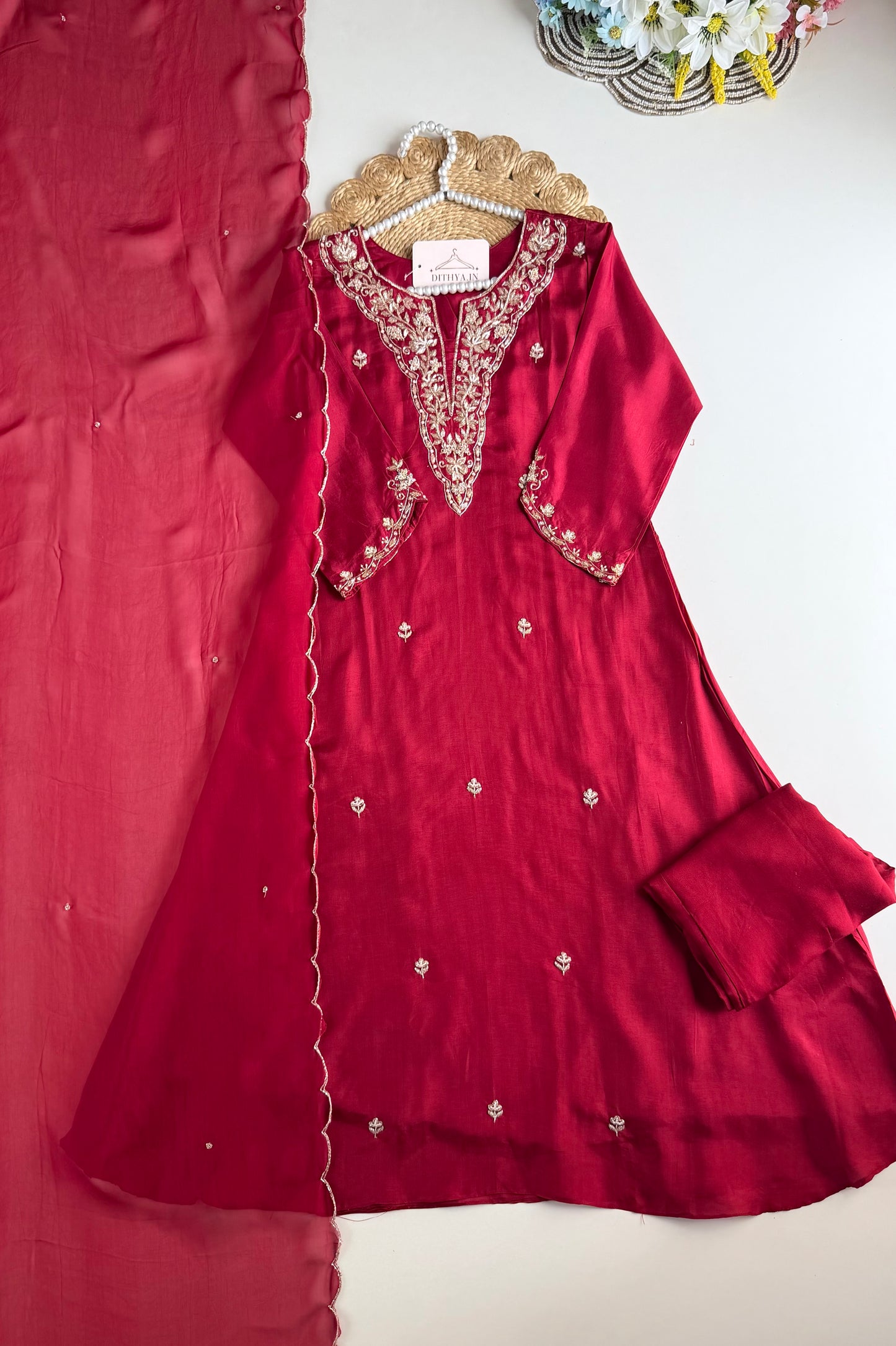 K206 - Russian silk handwork aline Kurti with pants and dupatta