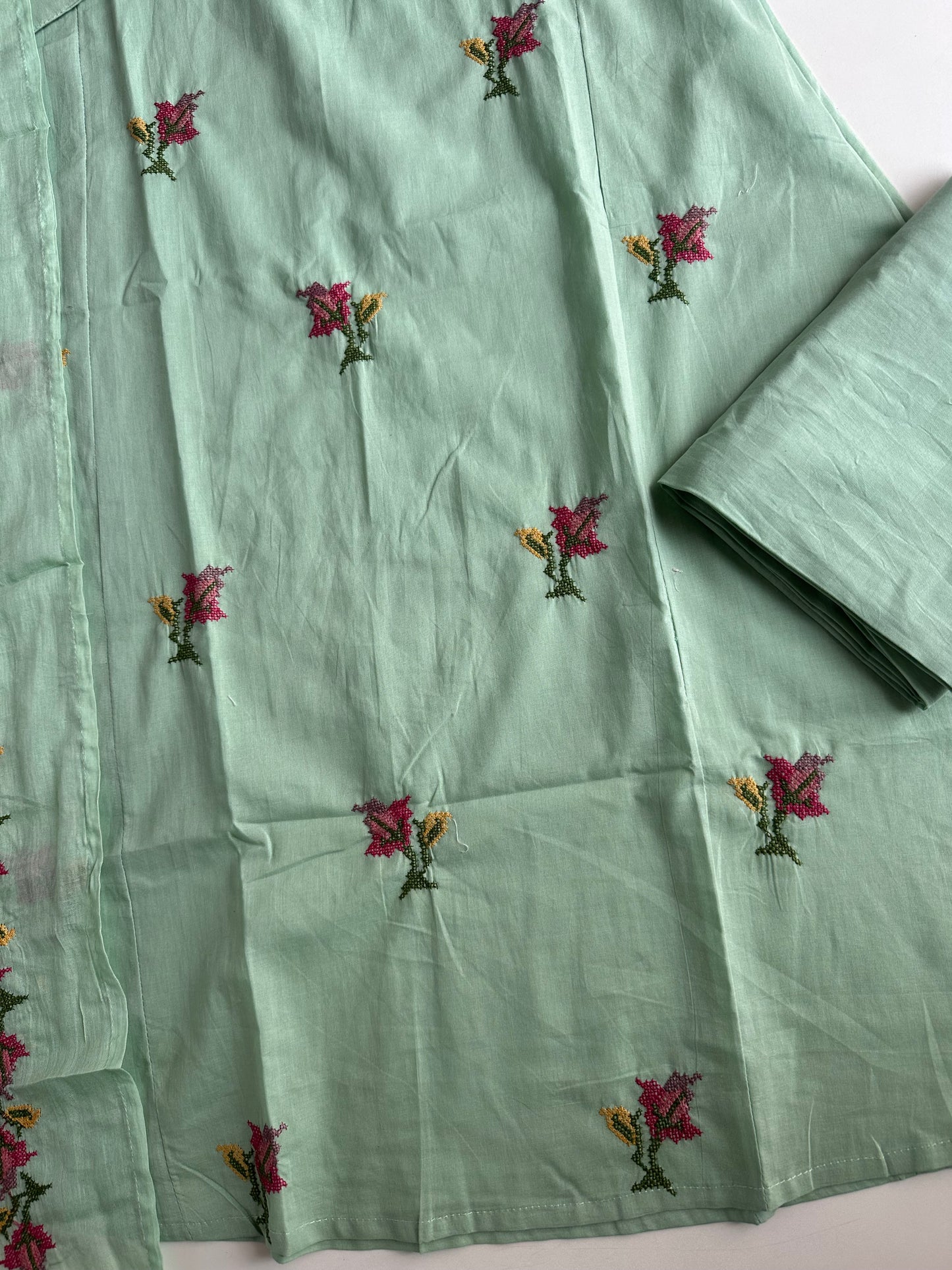 K145 - Mul cotton cross stitch Aline Kurti  with pants and dupatta