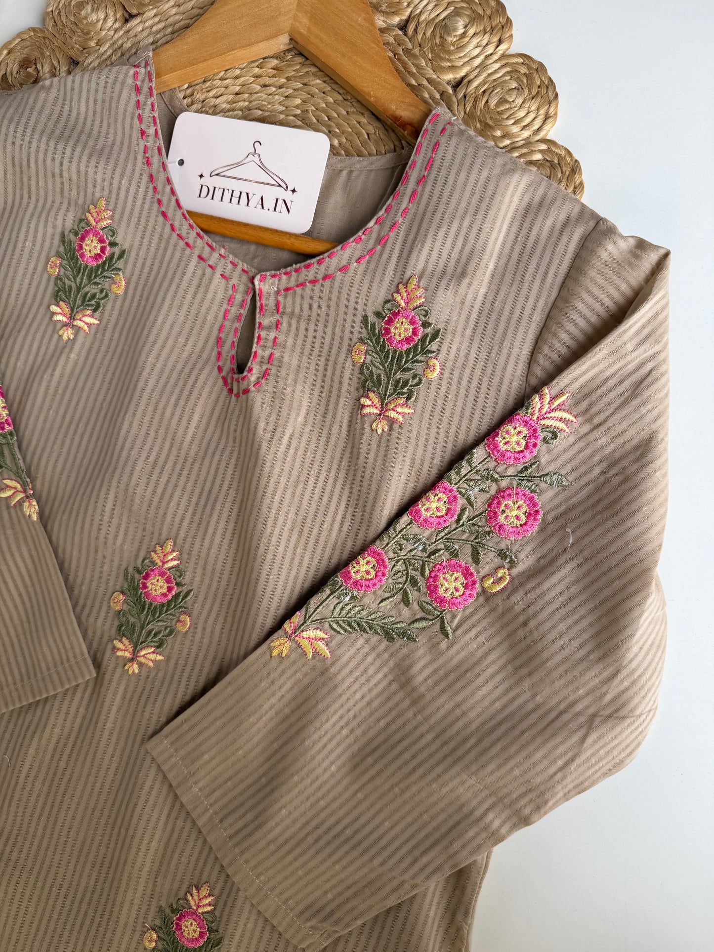 K339 - Mul cotton embroidered straight Kurti with pants and dupatta