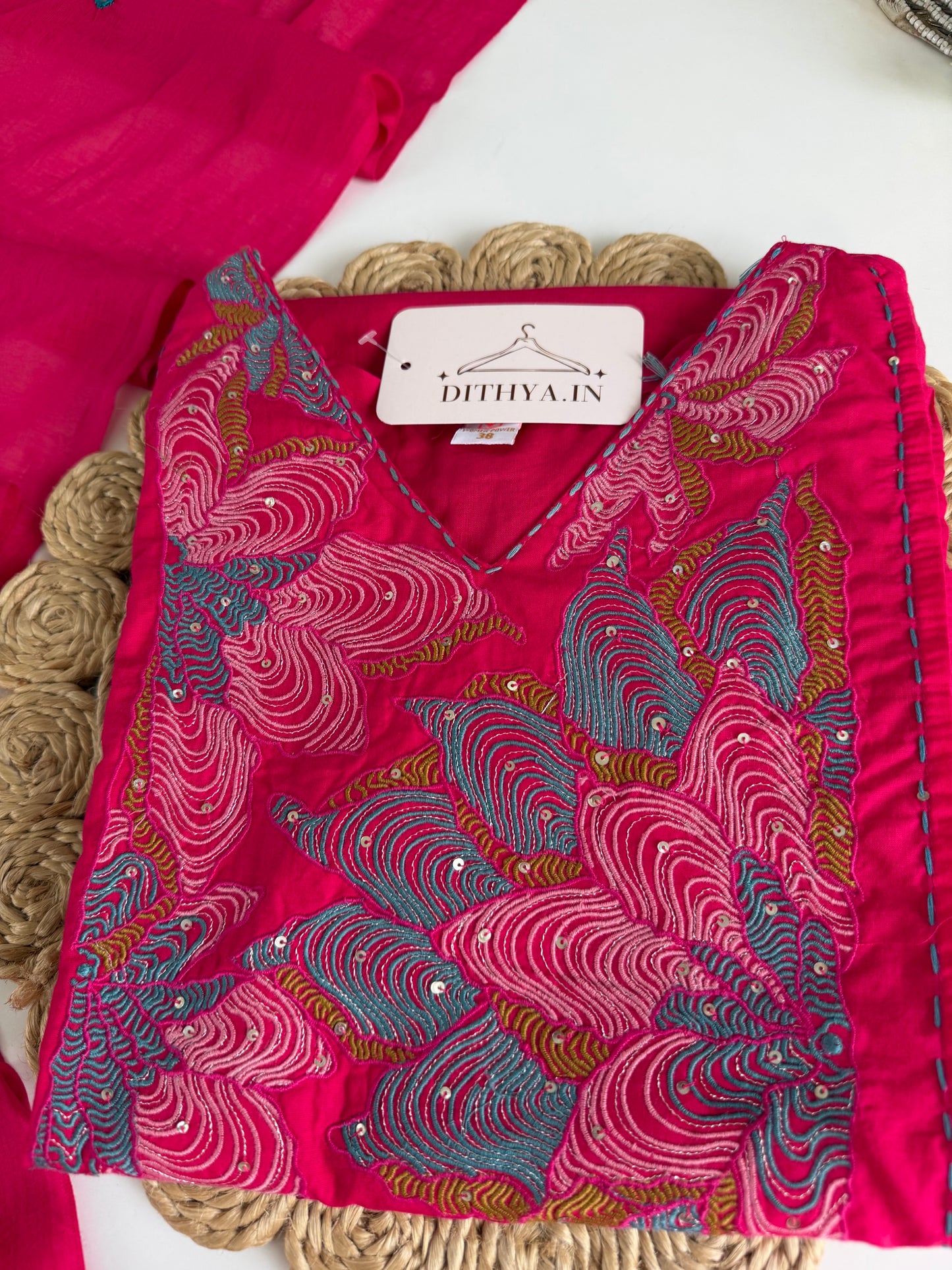 K644 - Mul cotton embroidered straight Kurti with pants and dupatta