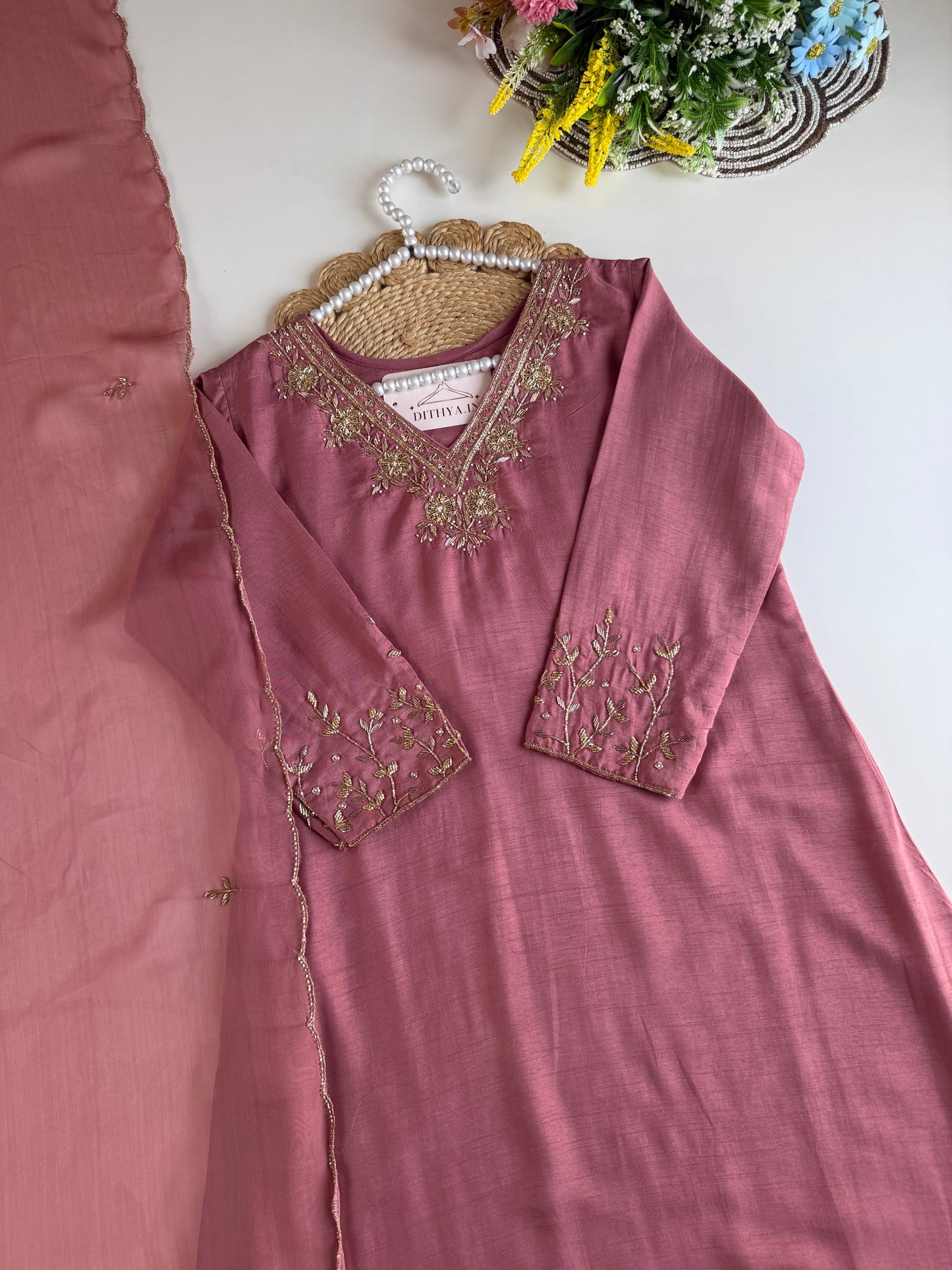K661 - Russian silk handwork aline Kurti with pants and dupatta