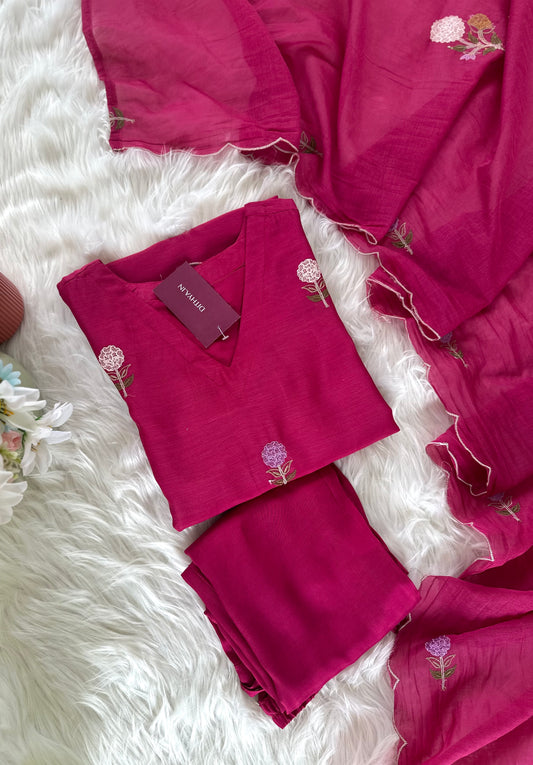 K035 - Mul Chanderi appliqué work straight Kurti with pants and dupatta