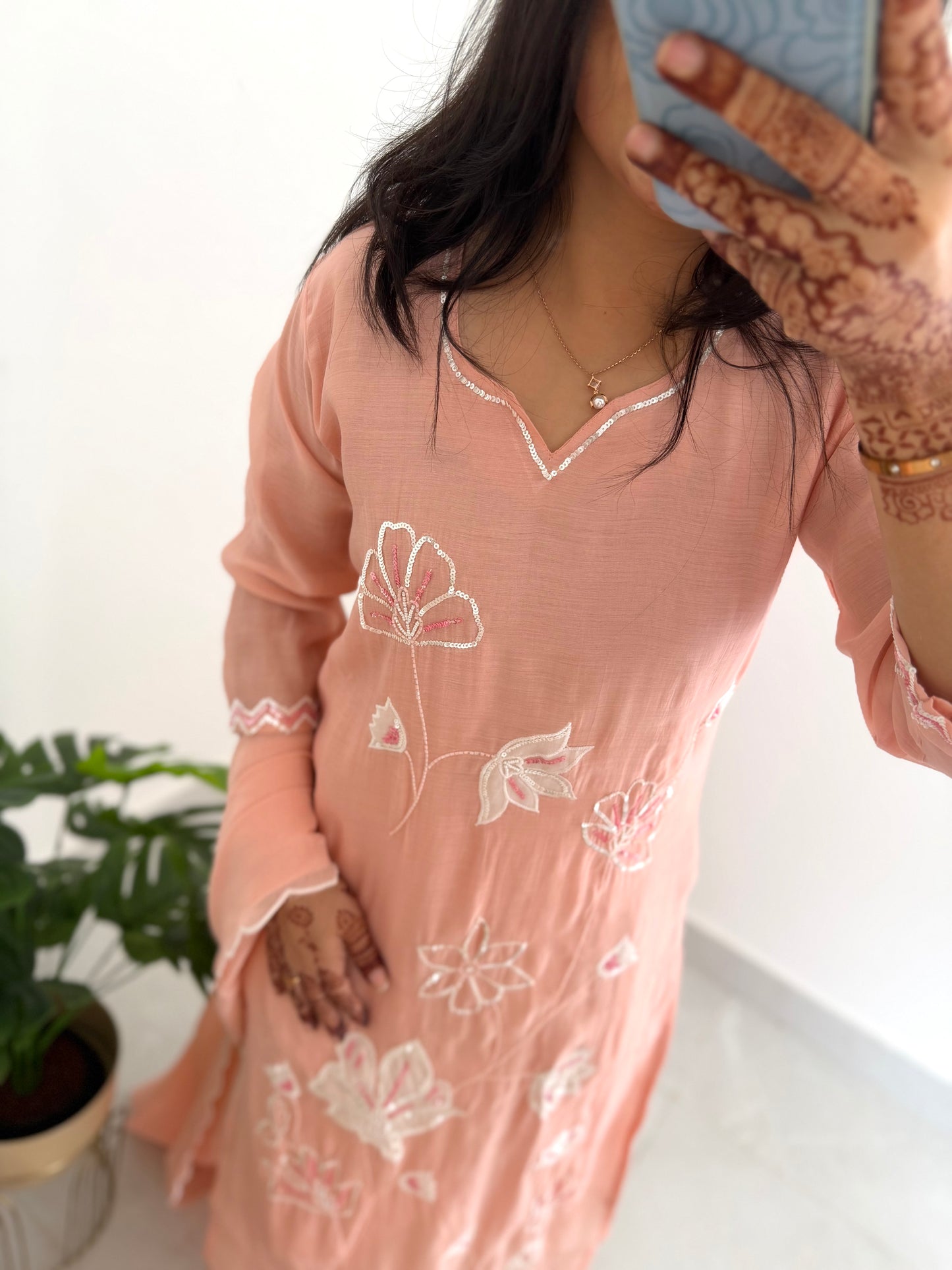 K237 - Mul chanderi appliqué work straight Kurti with pants and dupatta