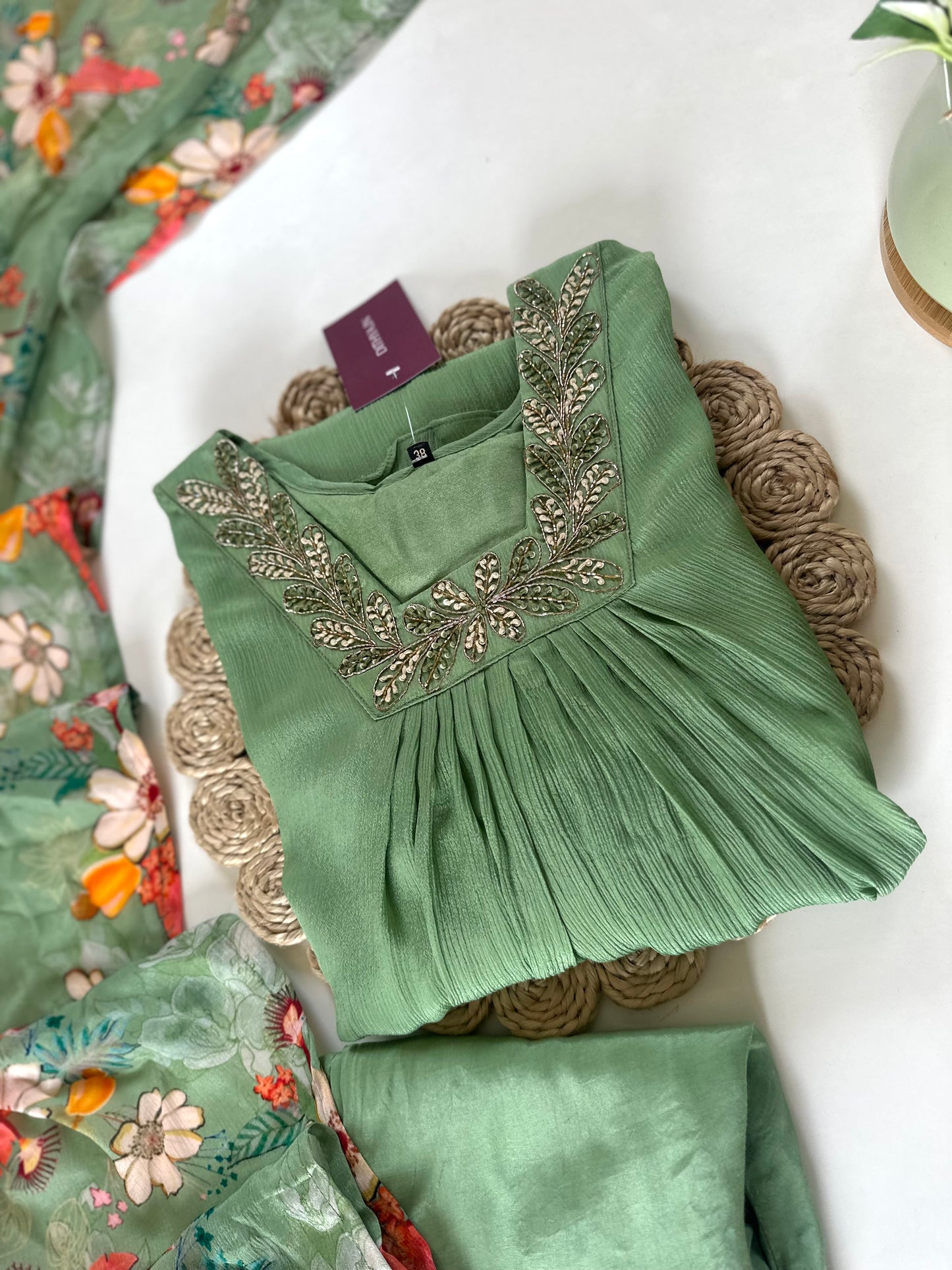 K281 - Chinnon Handwork Aline Kurti with pants and floral dupatta .