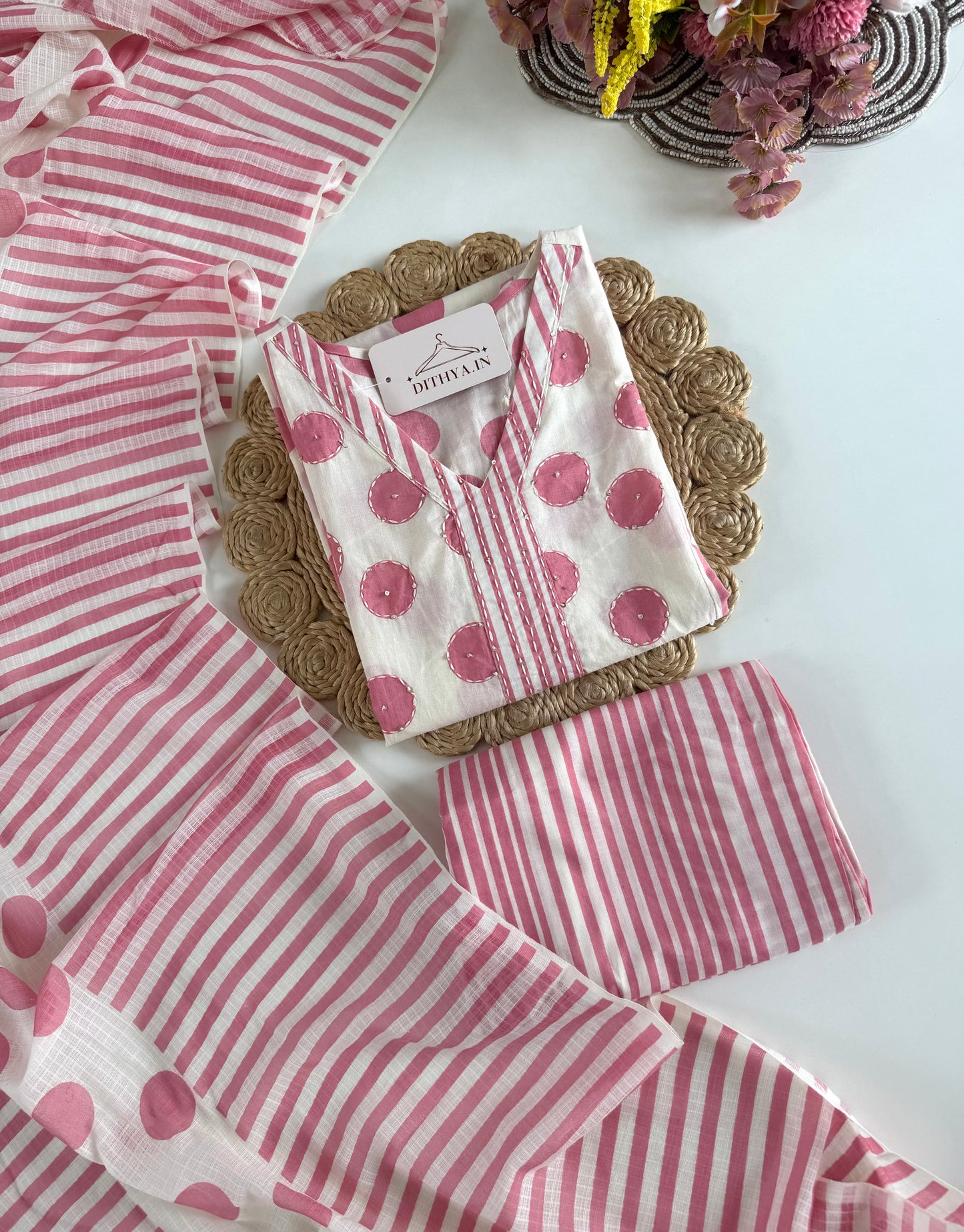 K159 - Mul cotton embroidered straight Kurti with pants and dupatta