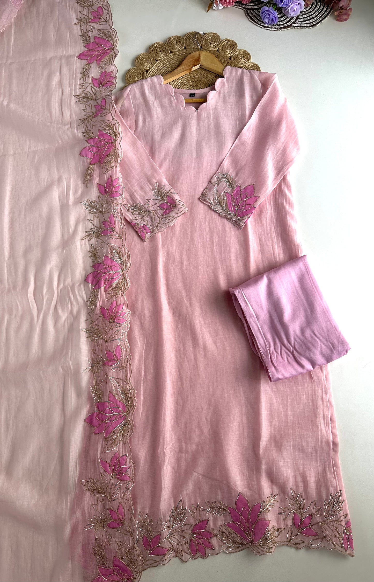 K234 - Mul Chanderi Appliqué zari work straight Kurti with pants and dupatta