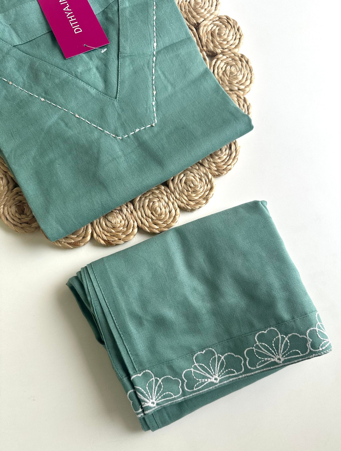 K438 - Linen cotton embroidered Aline Kurti with pants in 2 colours