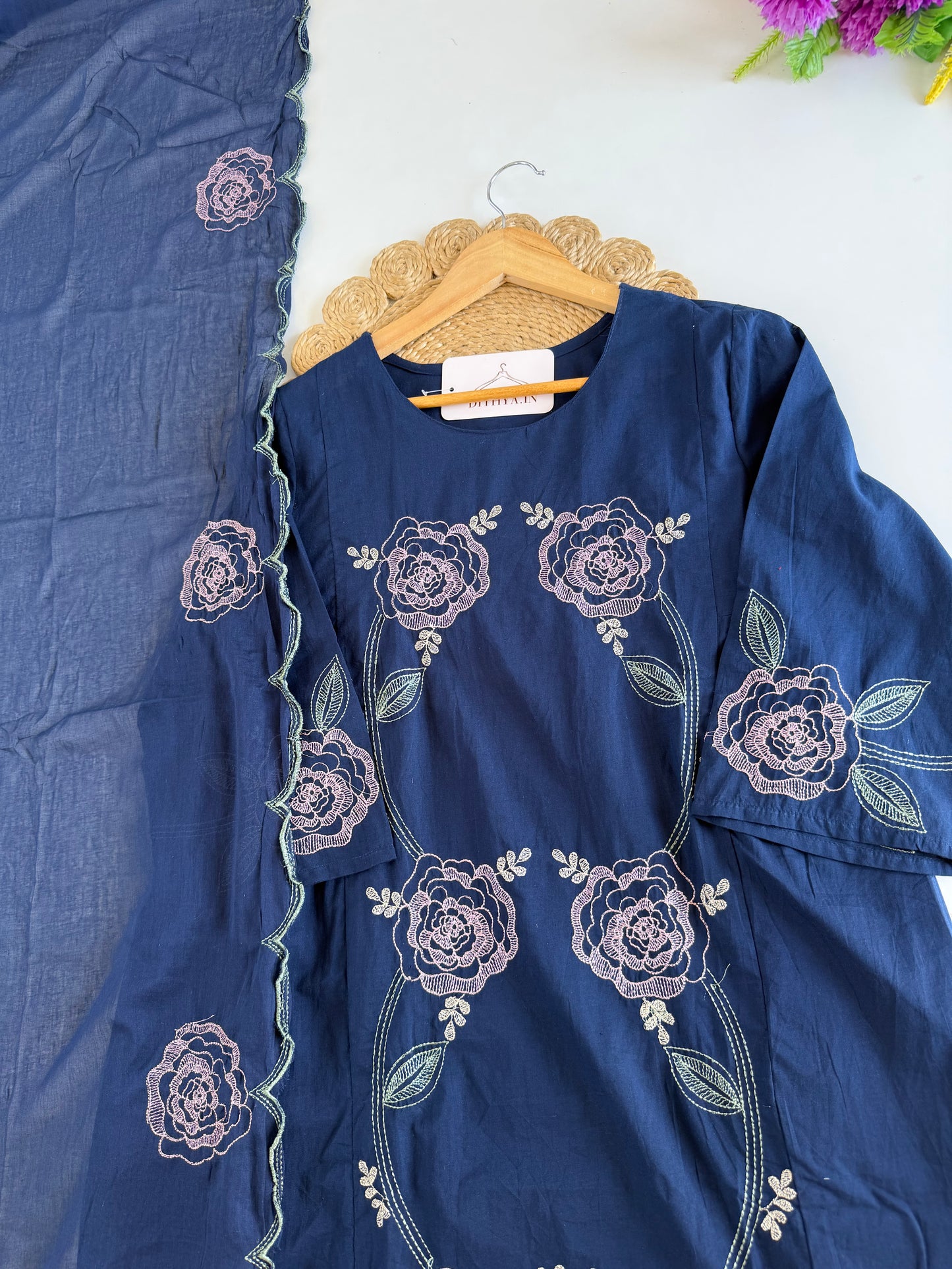 K681 - Mul cotton embroidered Aline Kurti with pants and dupatta