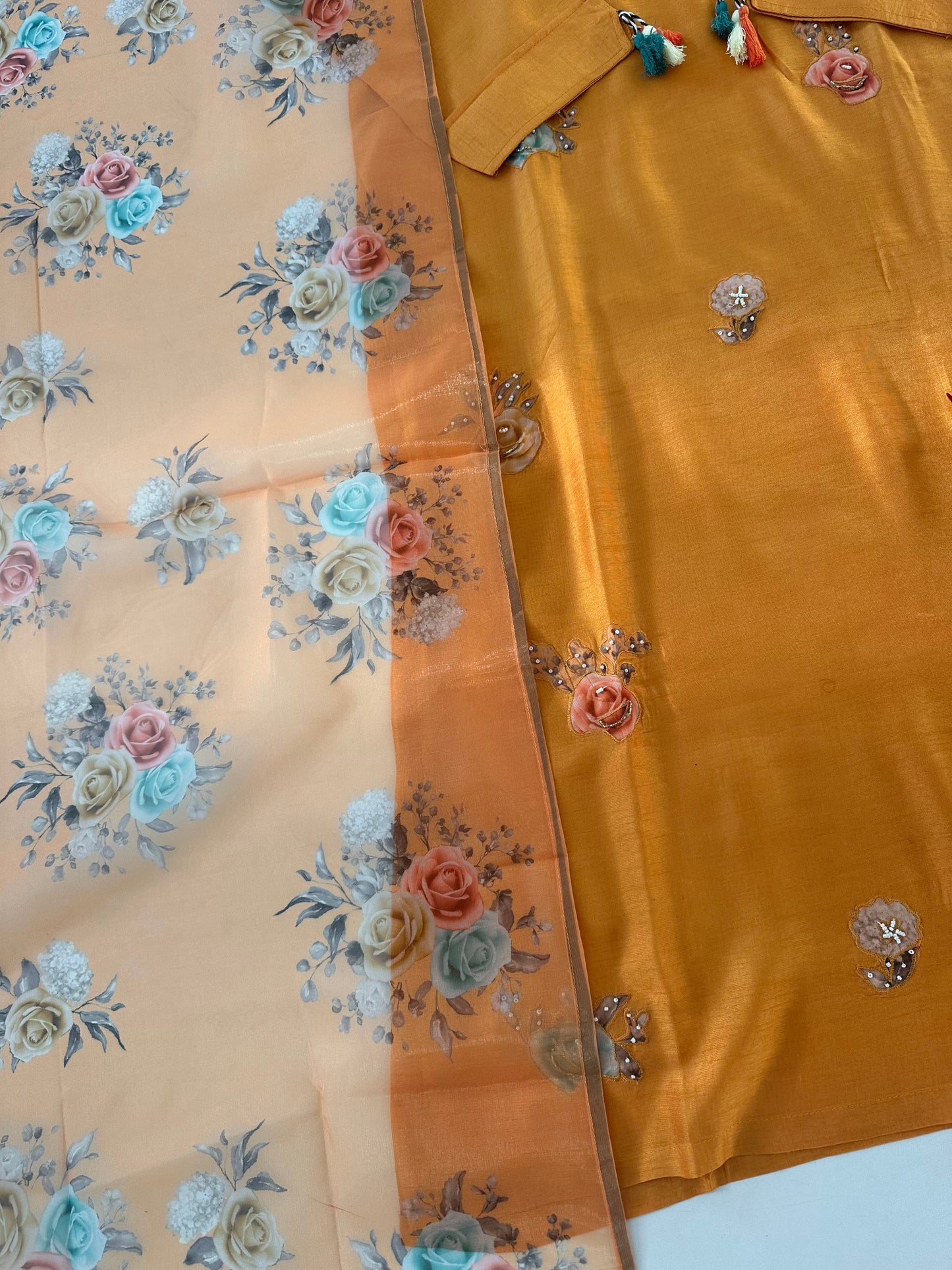 K127 - Dola silk appliqué work straight Kurti with pants and dupatta