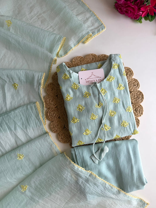 K679 - Mul chanderi embroidered Aline Kurti with pants and dupatta