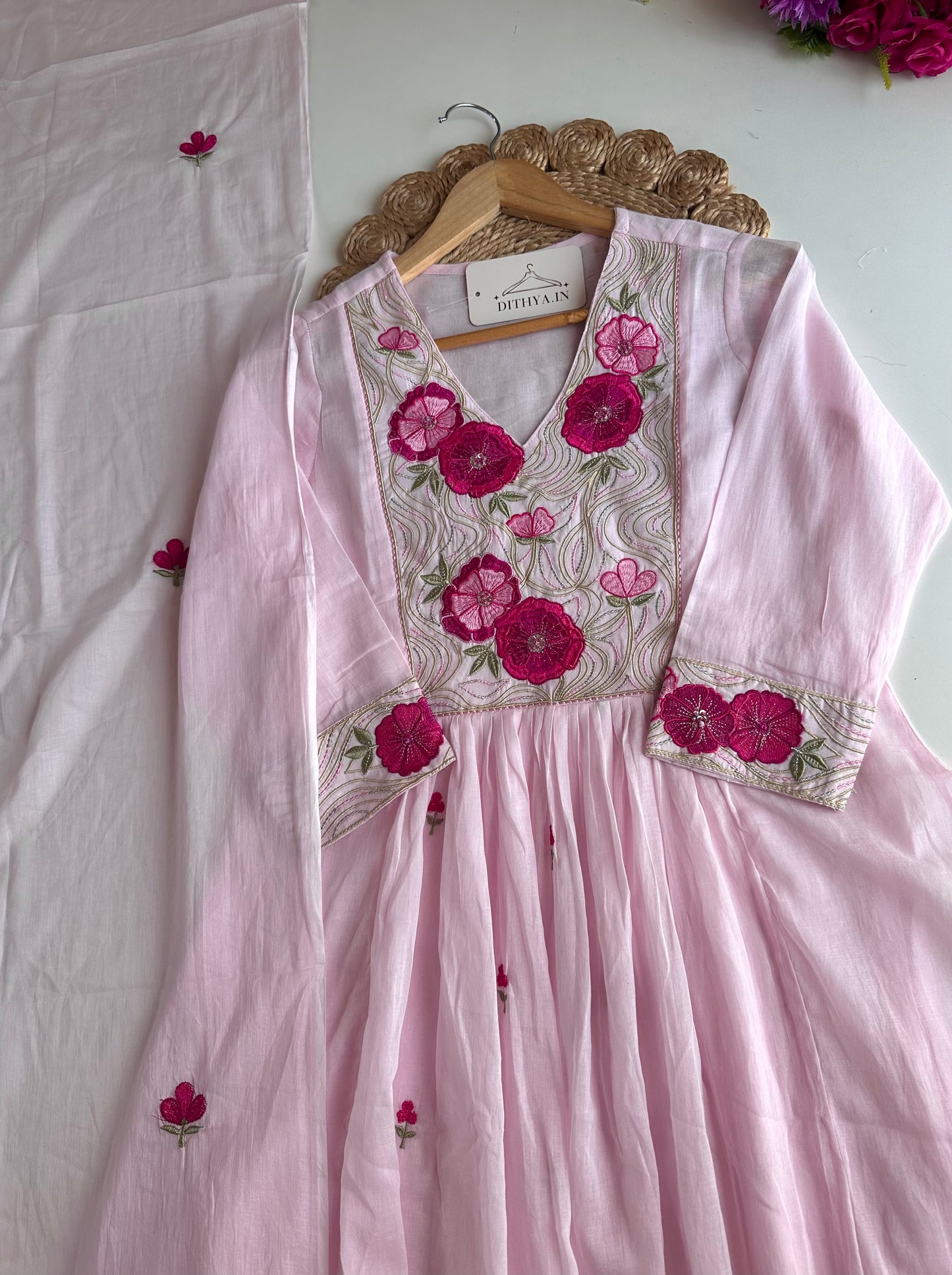 K606 - Mul cotton embroidered Anarkali with pants and dupatta
