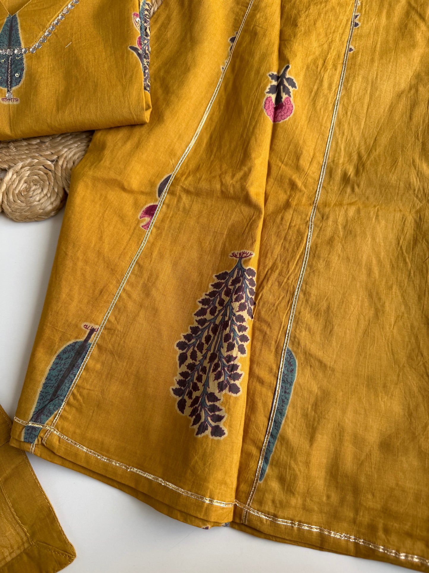 K697 - Mul cotton embroidered short Kurti with divider pants and dupatta