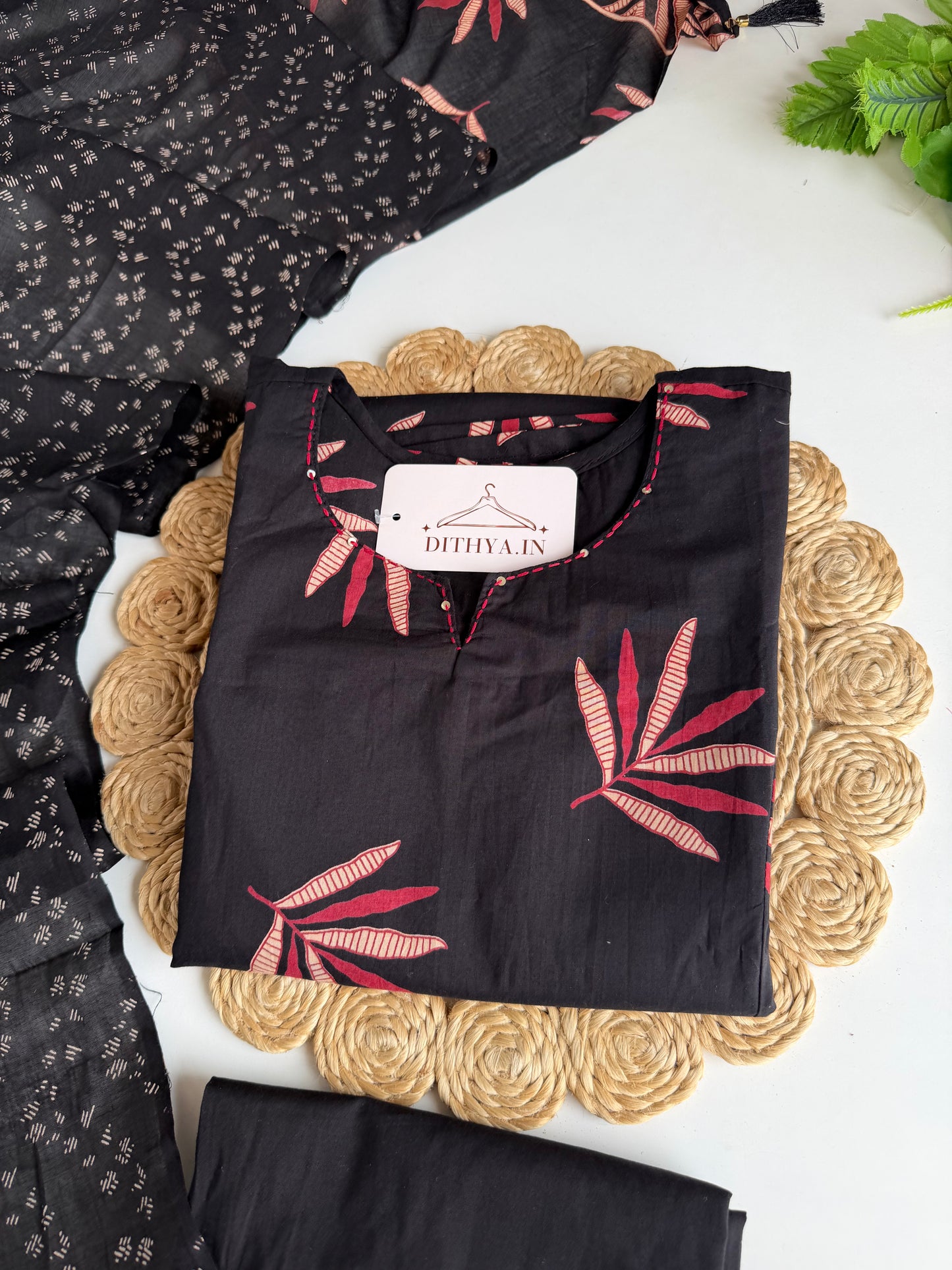 K348 - Mul cotton embroidered Aline Kurti with pants and dupatta
