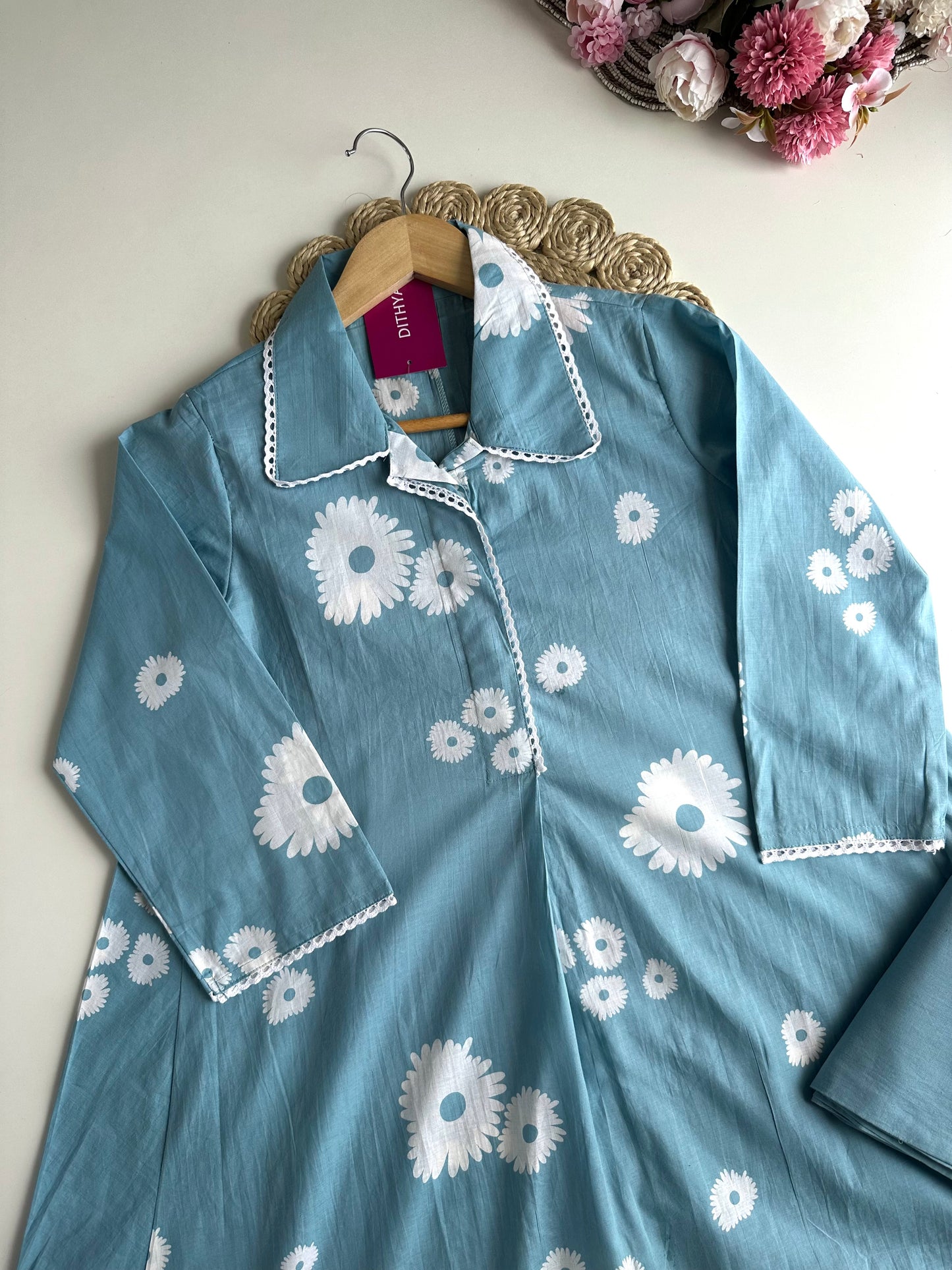 K217 - Cotton floral Aline Kurti with pants
