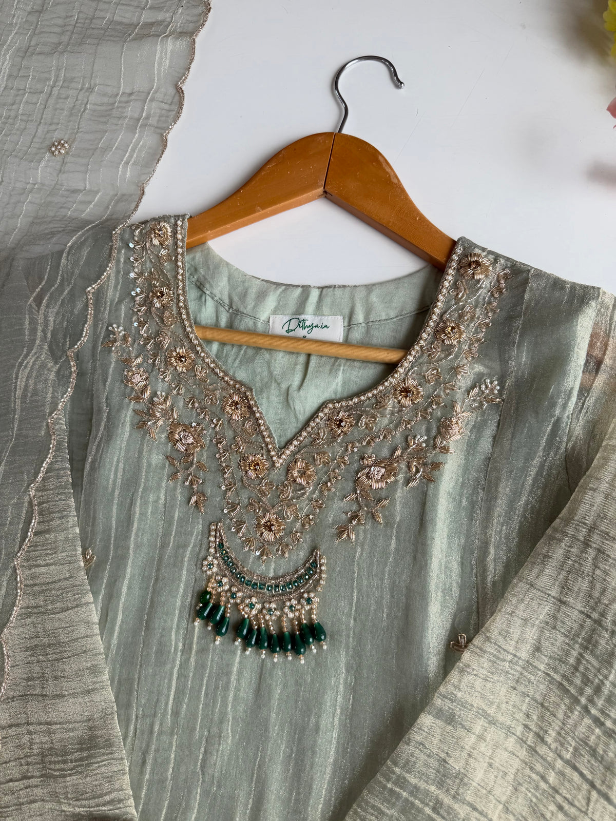 K247 - Crush tissue silk handwork aline Kurti with pants and dupatta