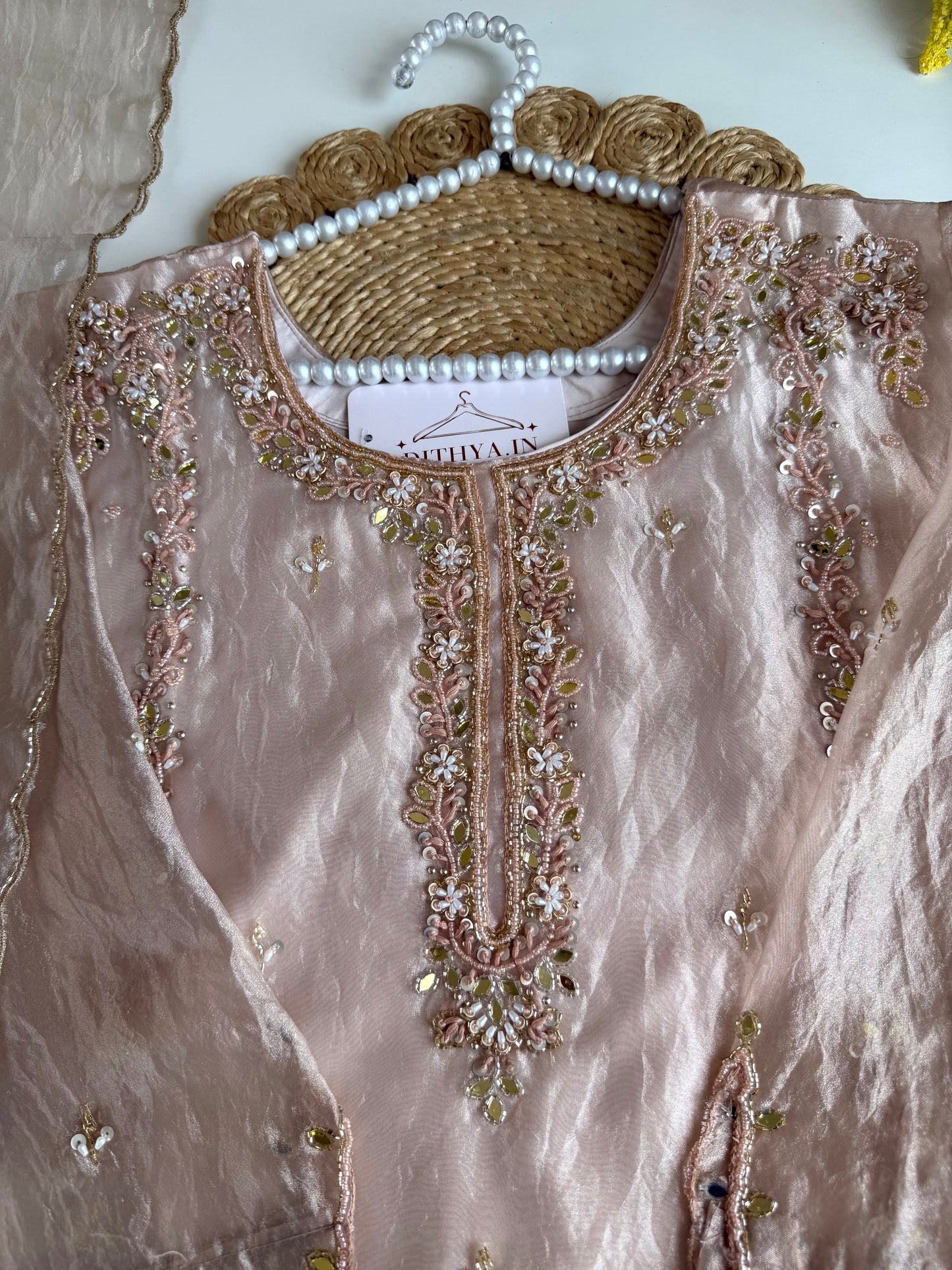 K045 - Glass tissue handwork short Kurti with divider pants and dupatta