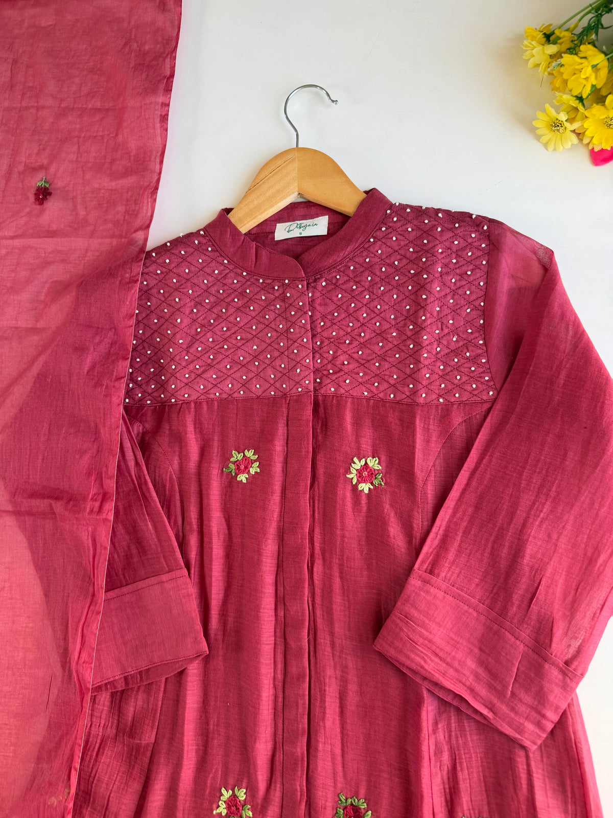 K086 - Mul chanderi embroidered Aline Kurti with pants and dupatta