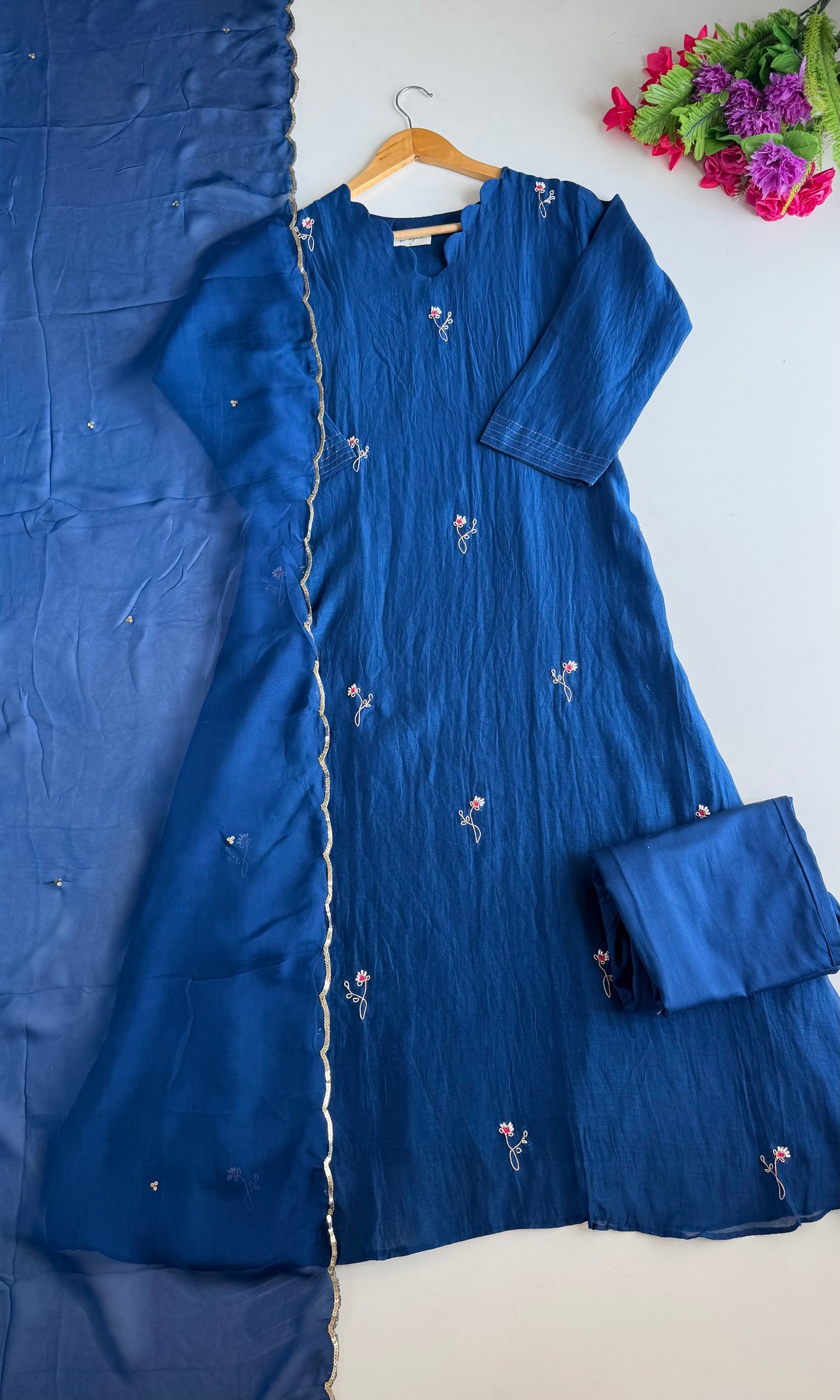 K469 - Mul chanderi handwork Aline Kurti with pants and dupatta in 2 colours