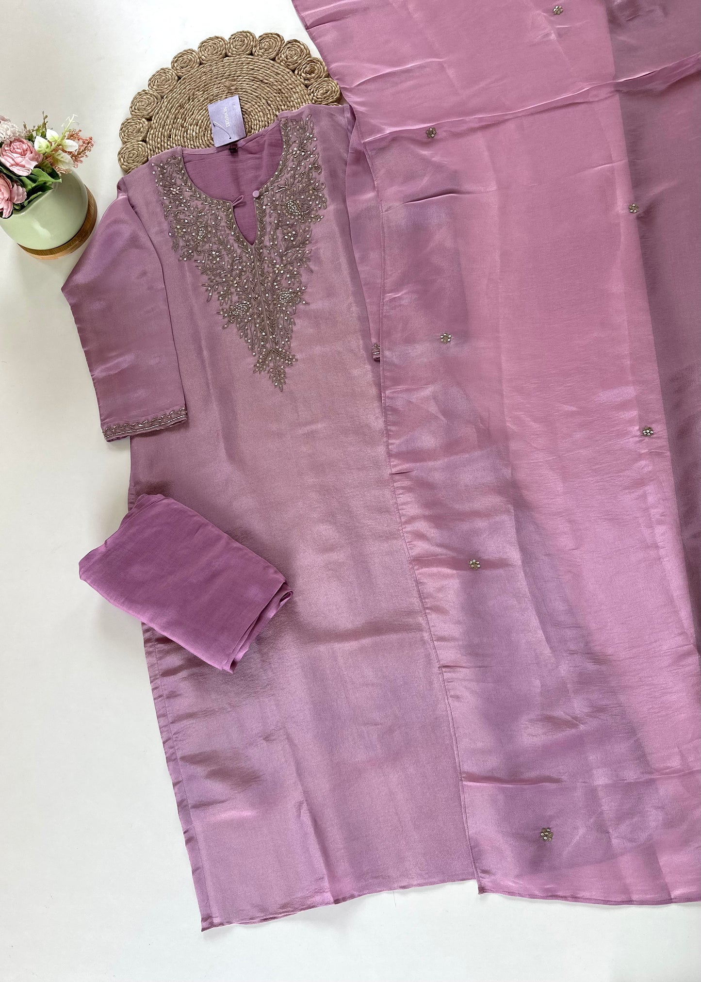 K109 - Tissue silk handwork straight kurti with pants and dupatta .