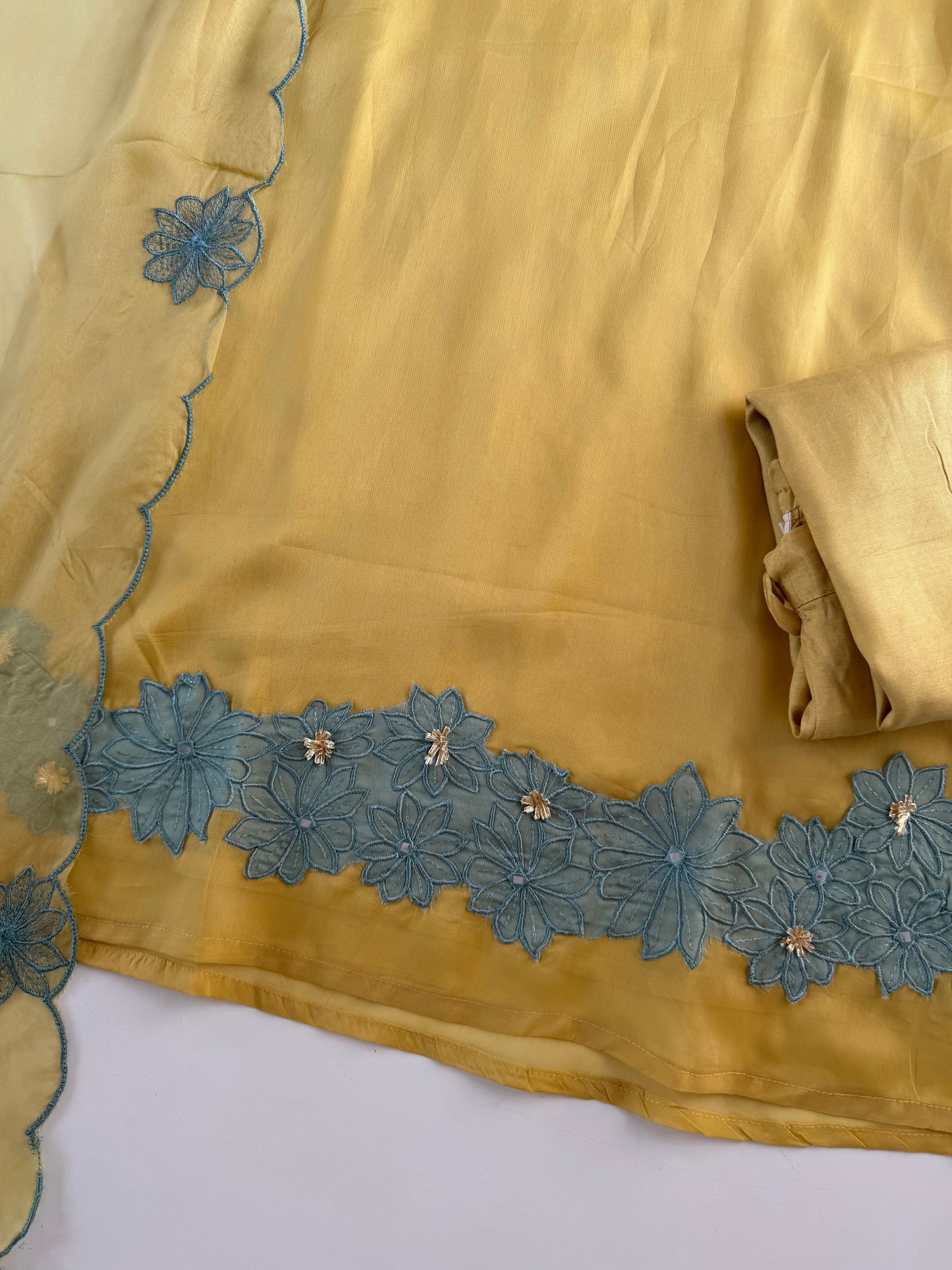 K273 - Viscose organza appliqué work straight Kurti with pants and dupatta