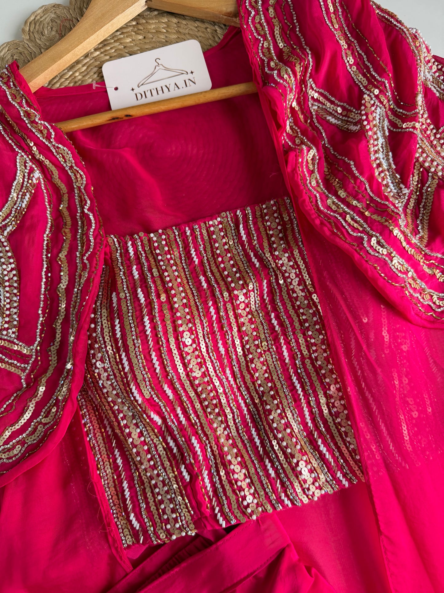 K652 - Pure crape handwork crop top with jacket and divider pants