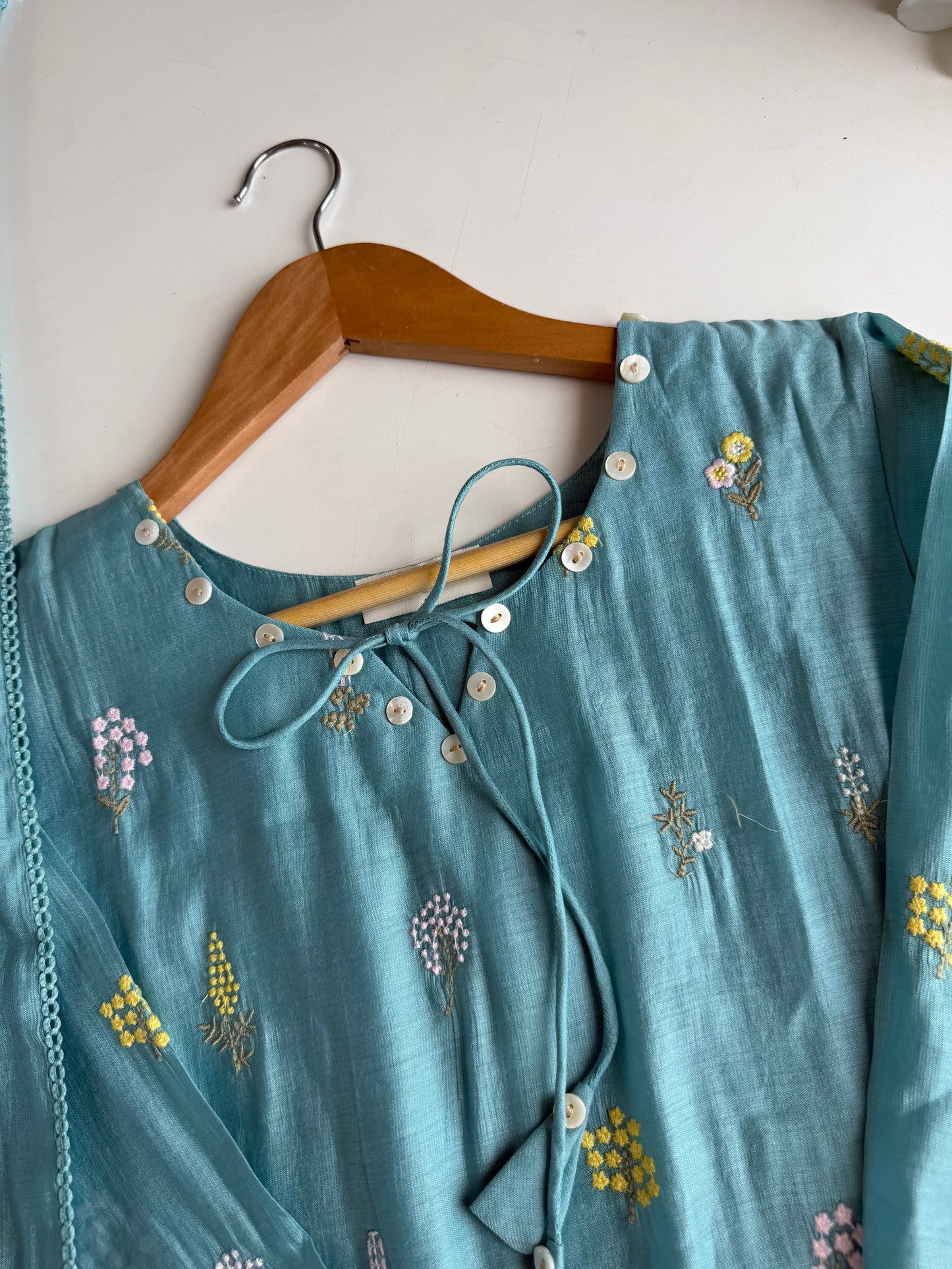 K736 - Surat Mul chanderi paisley embroidered Aline Kurti with pants and dupatta in 2 colours