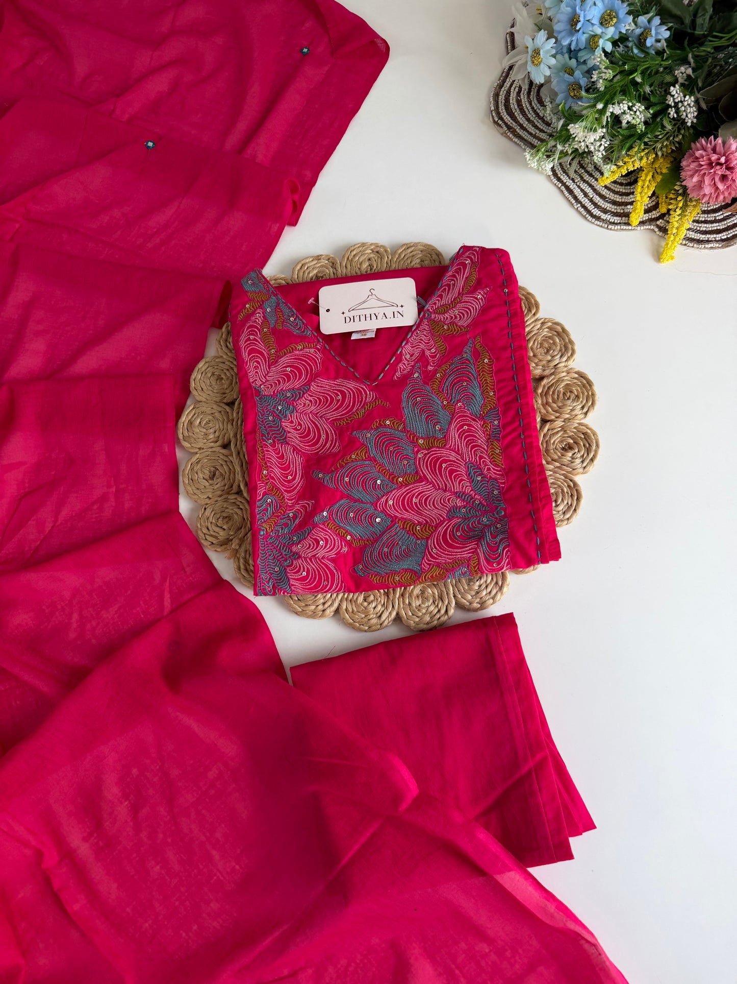 K644 - Mul cotton embroidered straight Kurti with pants and dupatta