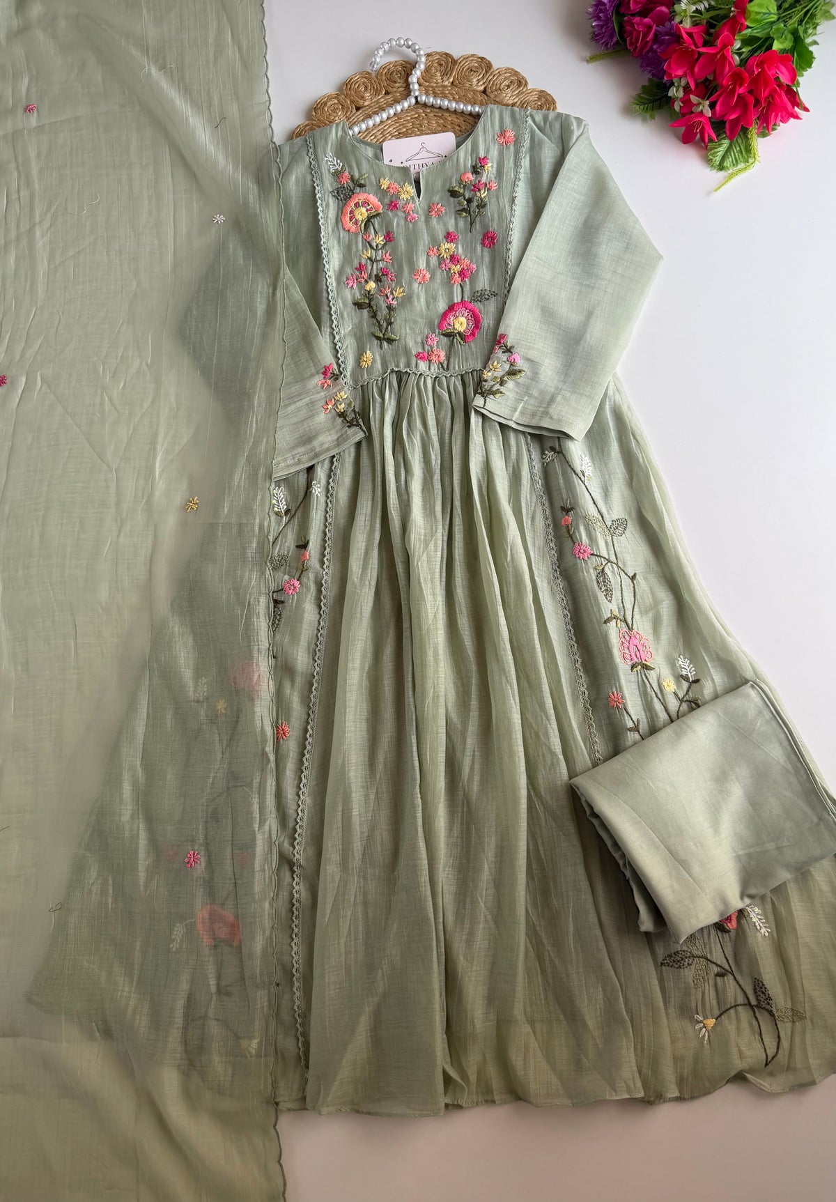 K542 - Mul chanderi embroidered Anarkali with pants and dupatta