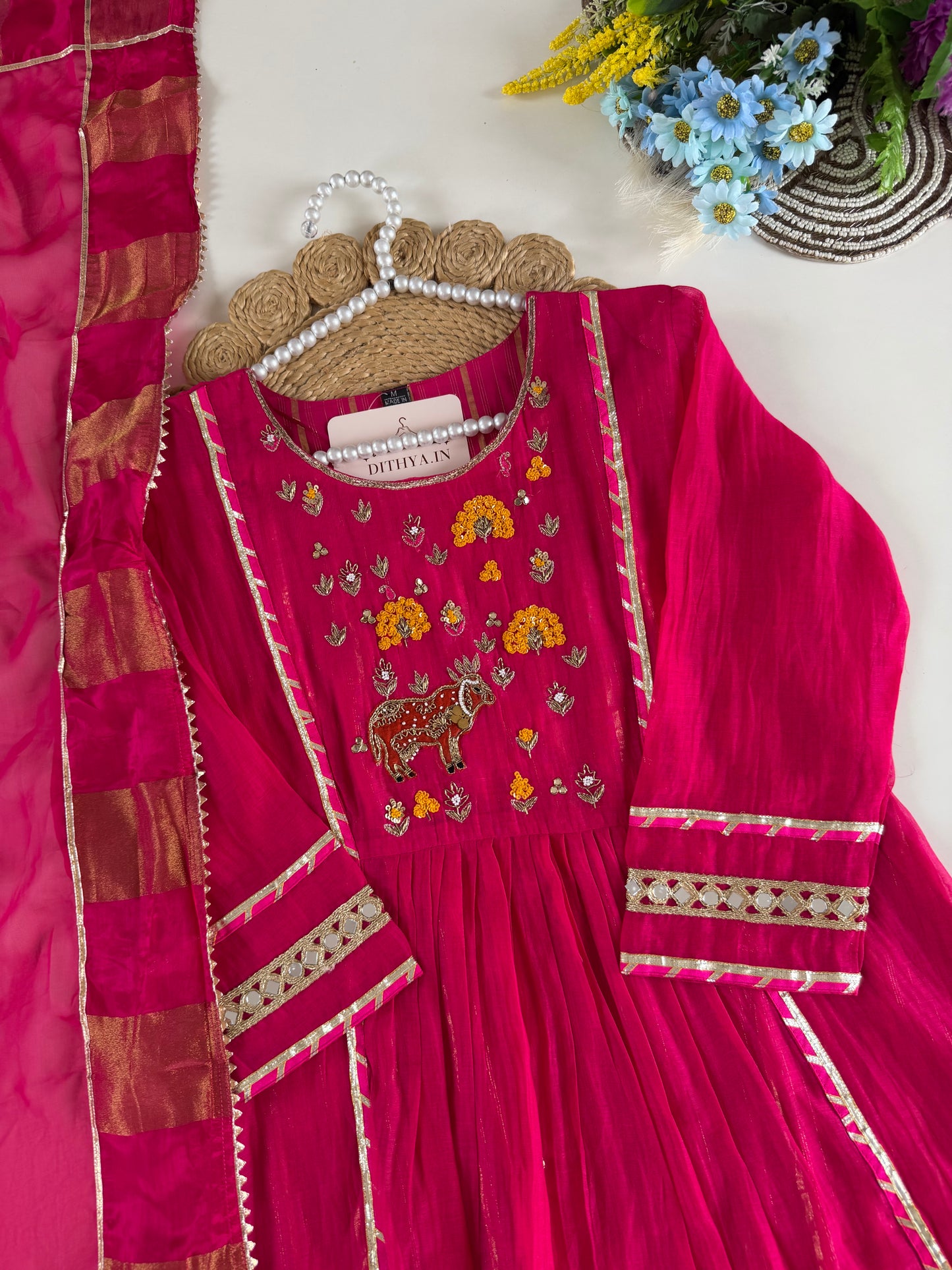 K397 - Mul chanderi handwork Anarkali with pants and dupatta