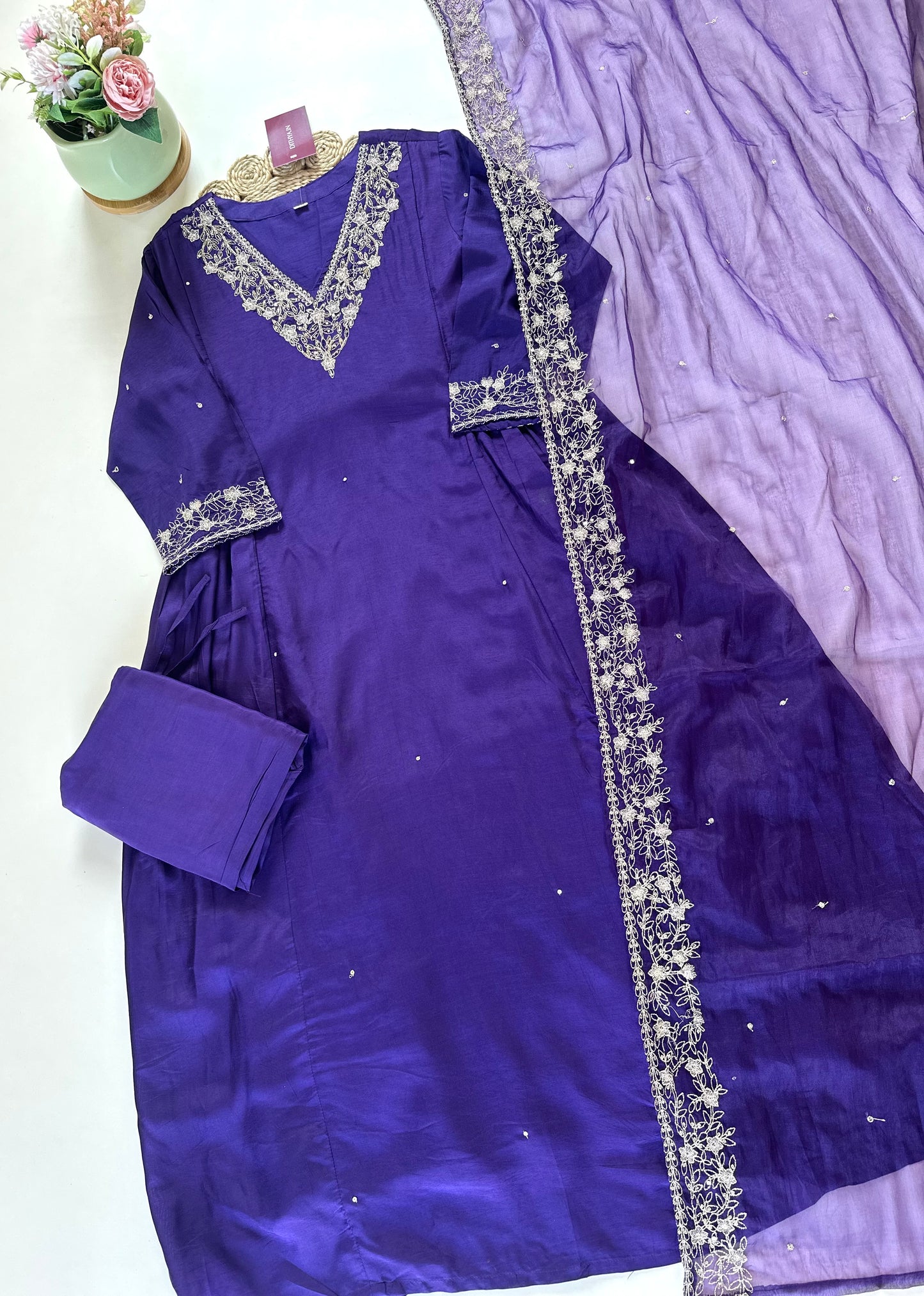 K076 - Russian silk Zari work saline Anarkali with pants and organza dupatta .